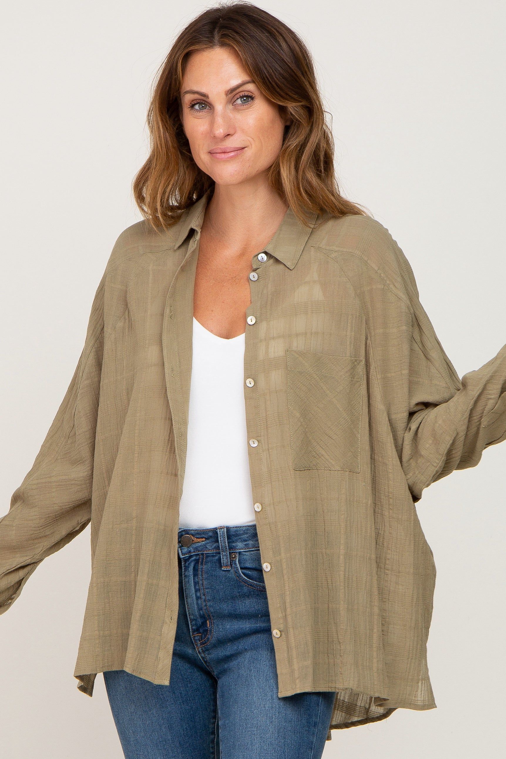 Olive Sheer Button Up Hi-Lo Top sold by Pinkblush