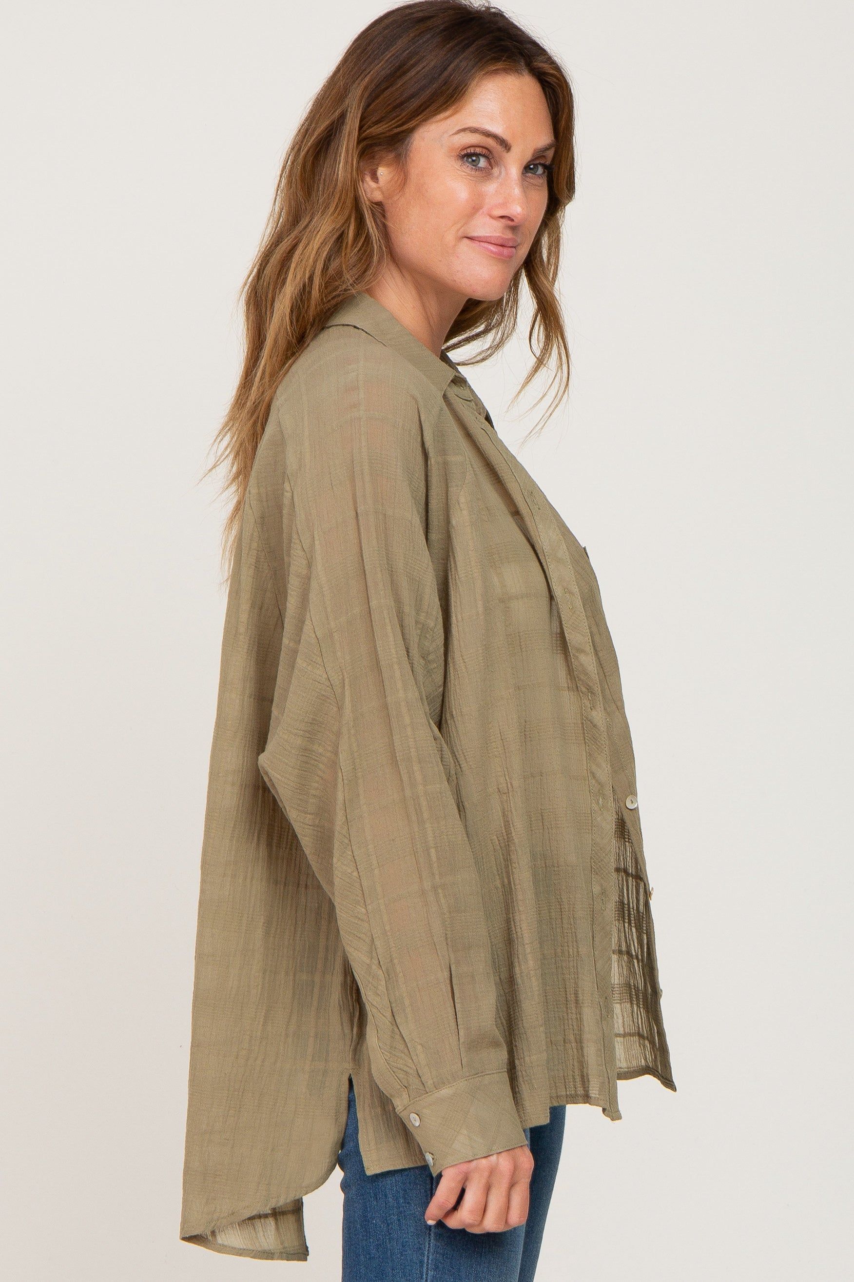 Olive Sheer Button Up Hi-Lo Top sold by Pinkblush product image thumbnail 2