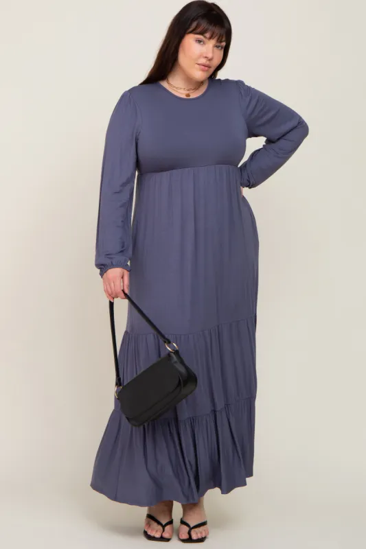 Blue Long Sleeve Tiered Plus Maxi Dress sold by Pinkblush