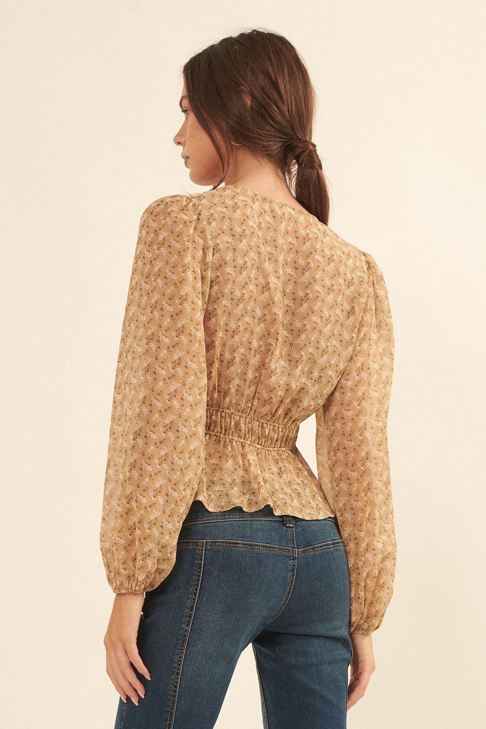 Sand Floral V Neck Button Front Sheer Chiffon Blouse sold by Pinkblush product image thumbnail 3