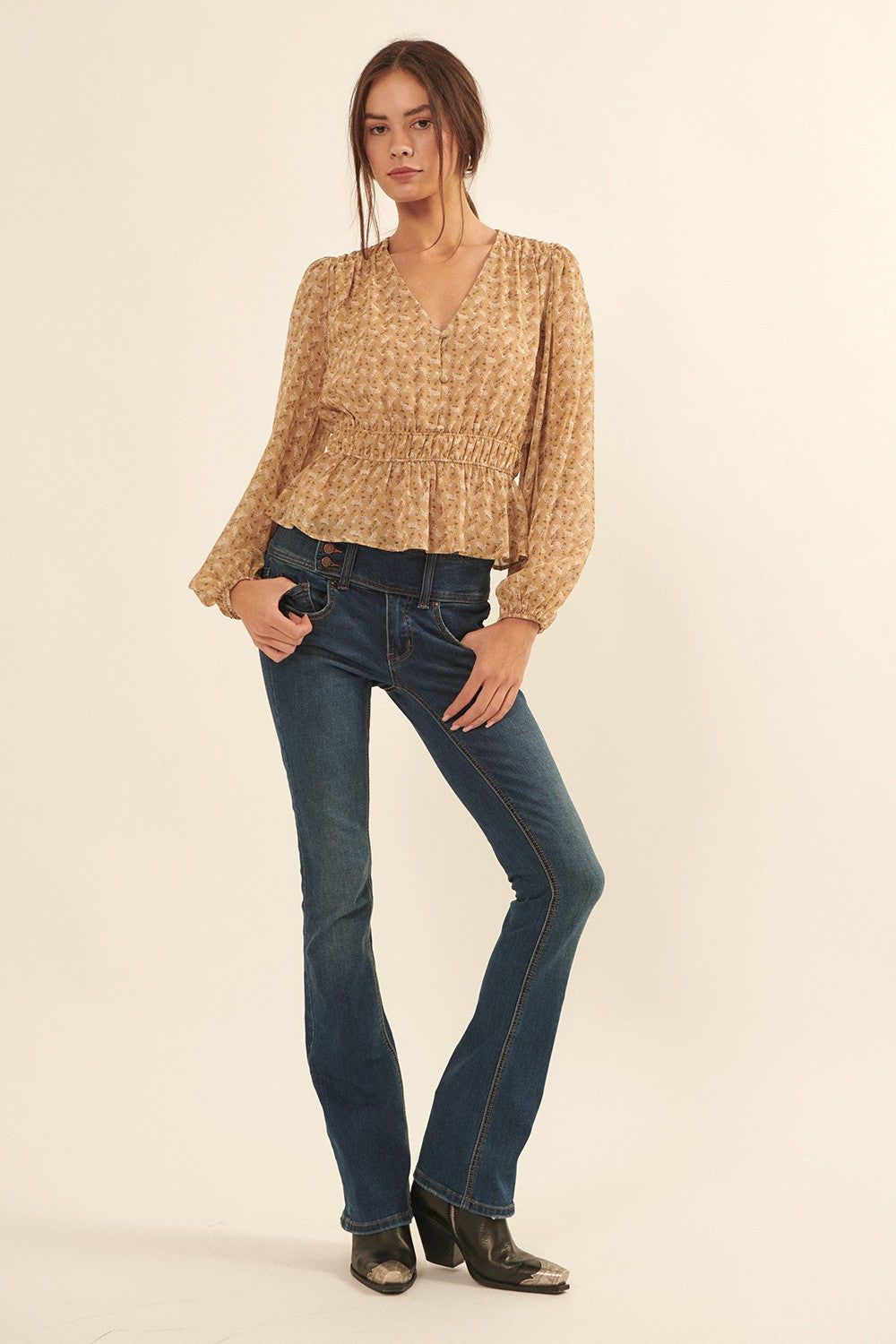 Sand Floral V Neck Button Front Sheer Chiffon Blouse sold by Pinkblush product image thumbnail 4