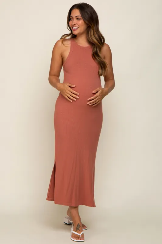 Rust Sleeveless Ribbed Side Slit Maternity Maxi Dress sold by Pinkblush