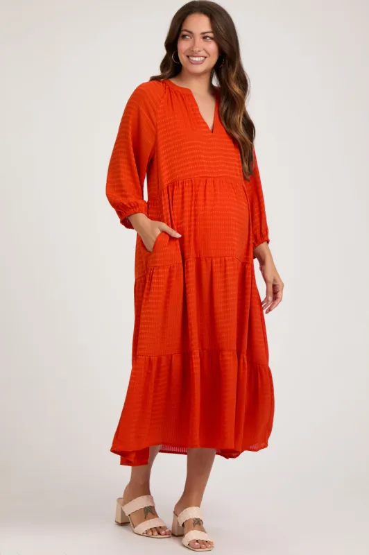 Orange Textured Tiered Maternity Midi Dress sold by Pinkblush