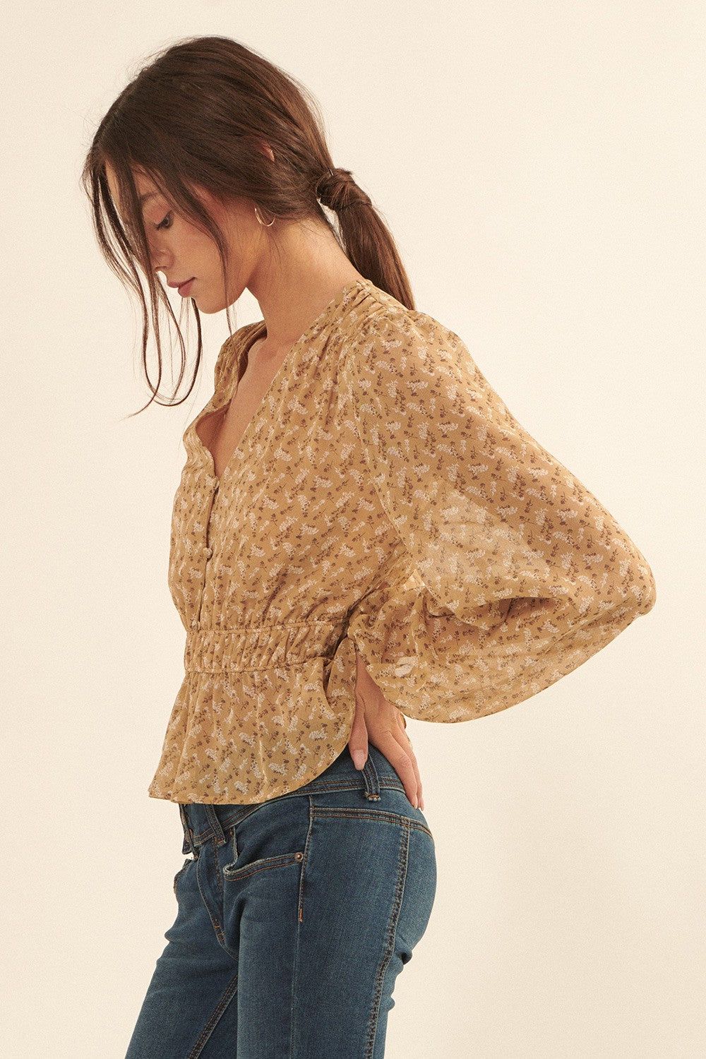 Sand Floral V Neck Button Front Sheer Chiffon Blouse sold by Pinkblush product image thumbnail 2