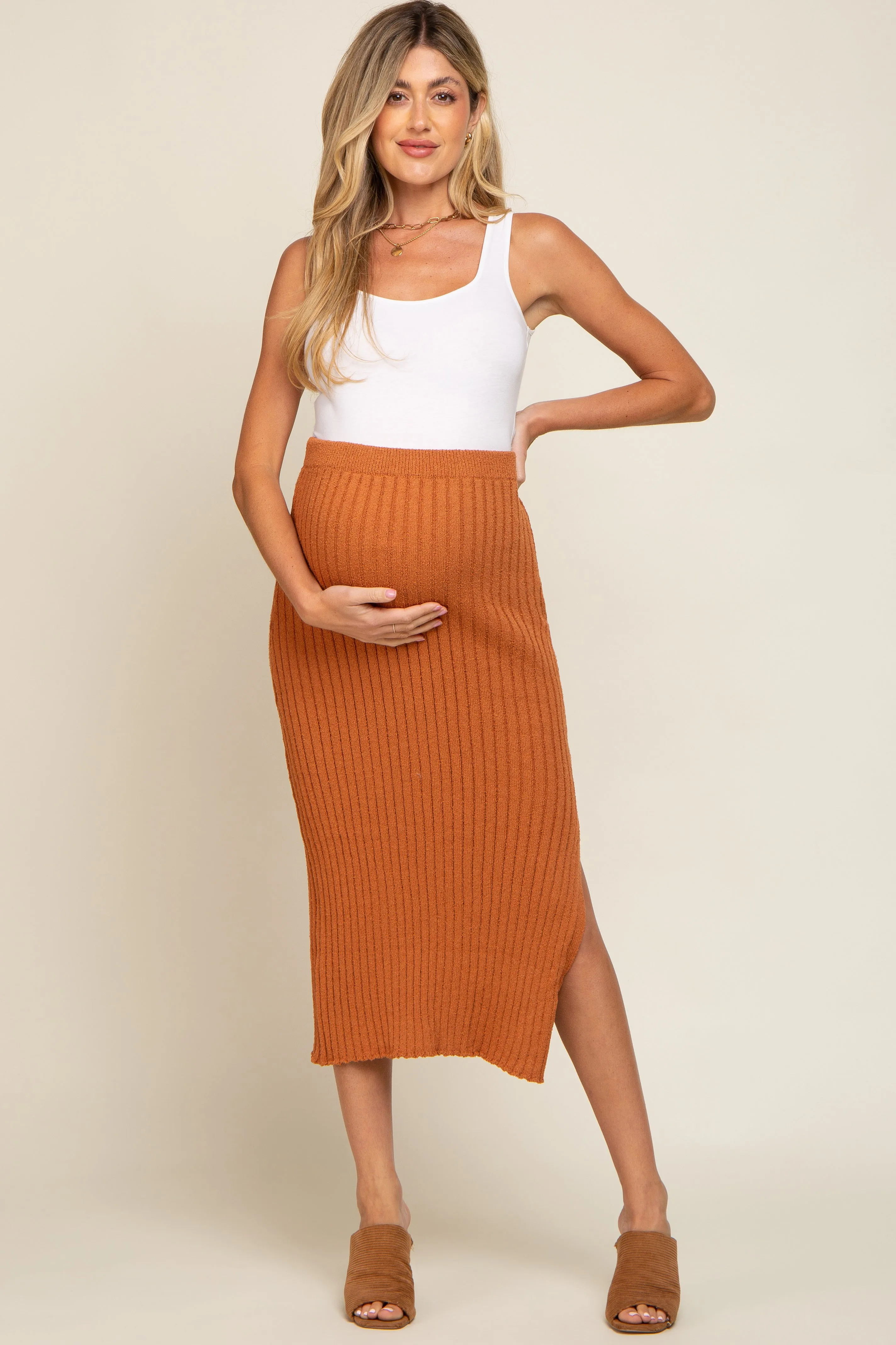 Camel Ribbed Side Slit Sweater Maternity Midi Skirt sold by Pinkblush