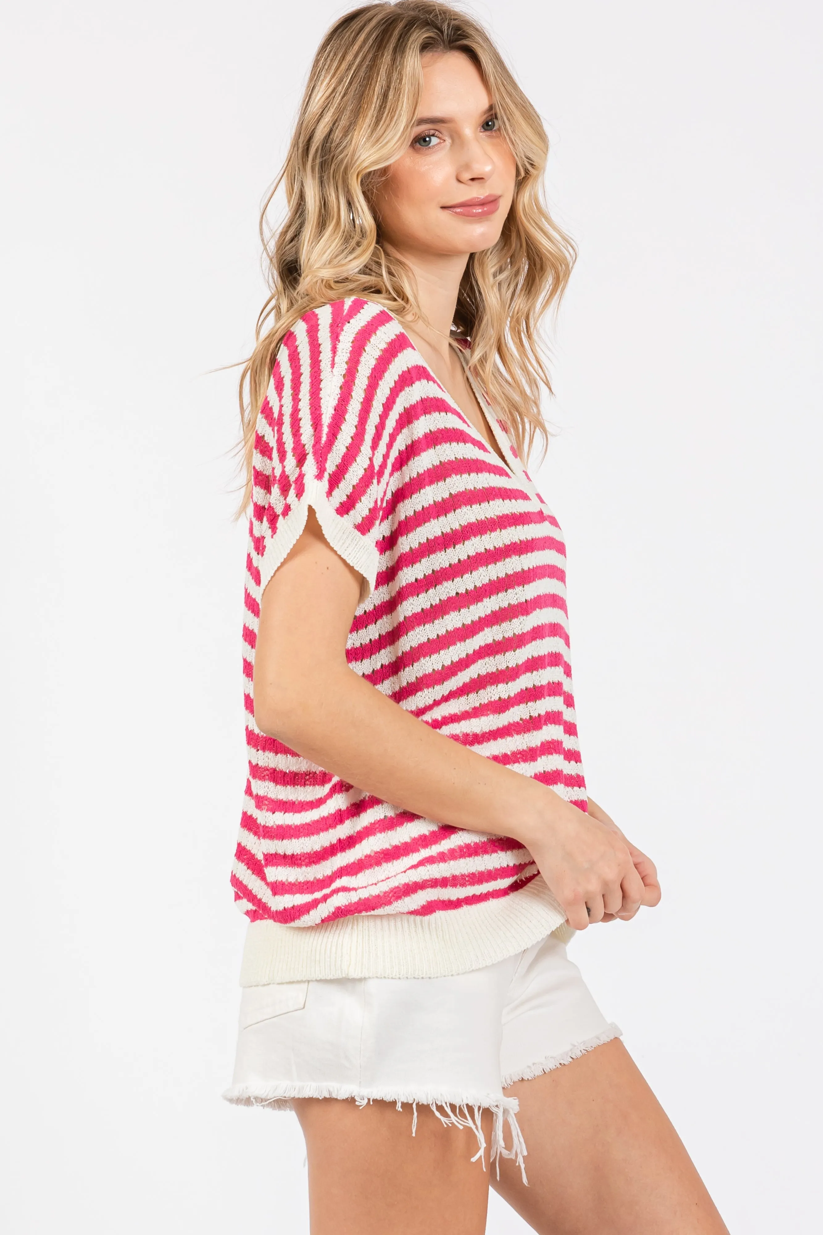Fuchsia Striped Knit V-Neck Short Sleeve Top sold by Pinkblush product image thumbnail 2