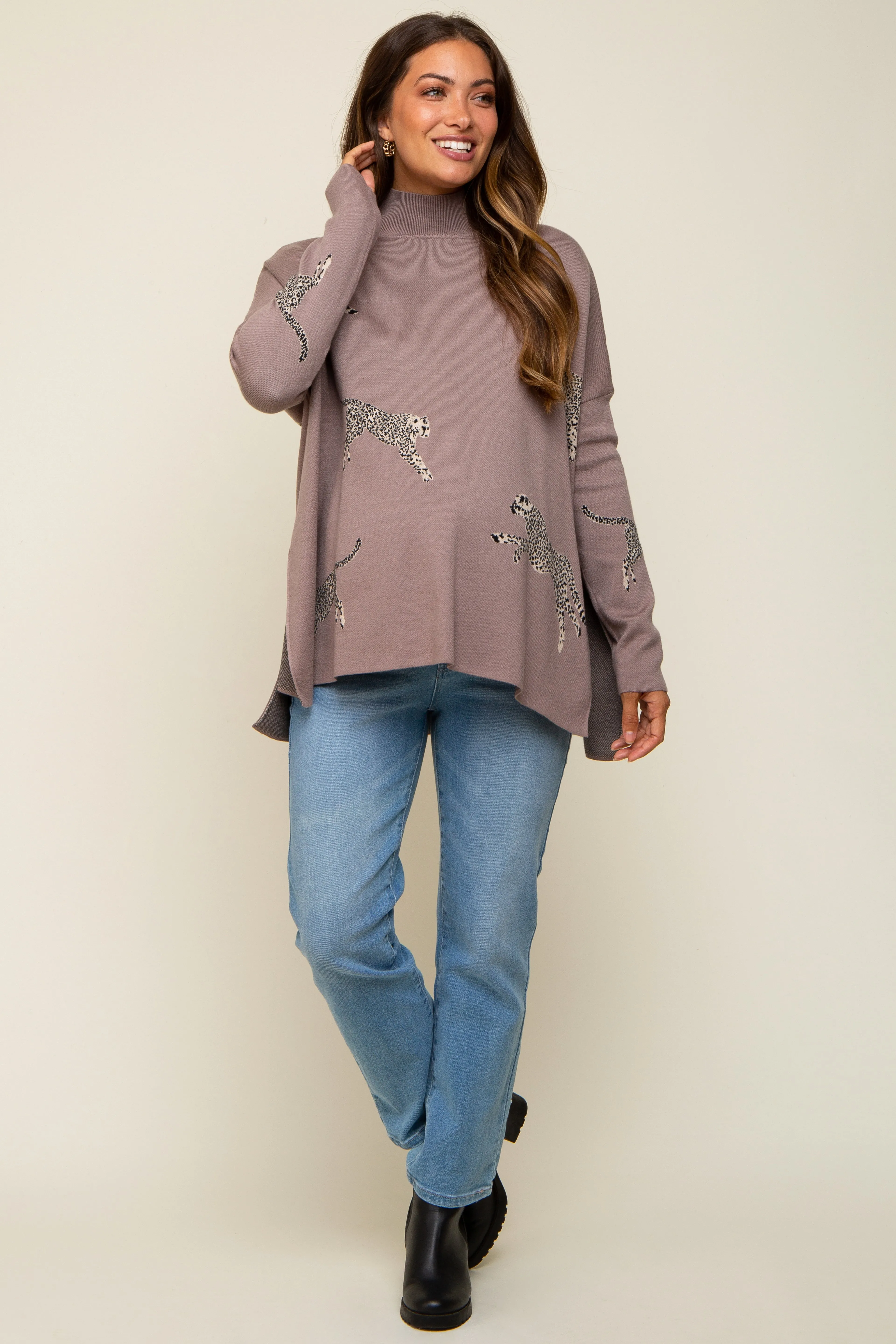 Taupe Animal Print Side Slit Maternity Sweater sold by Pinkblush