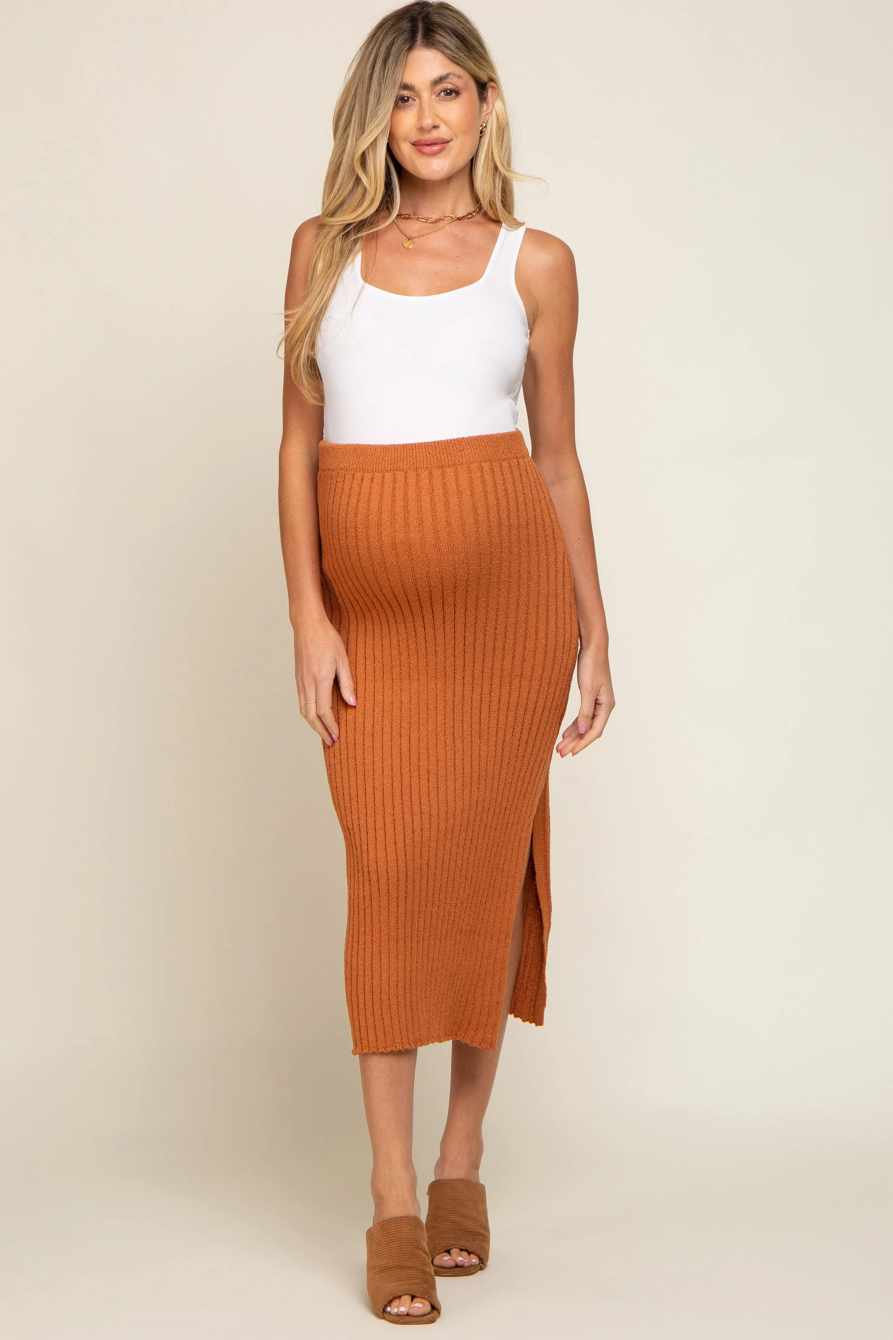 Camel Ribbed Side Slit Sweater Maternity Midi Skirt sold by Pinkblush product image thumbnail 2