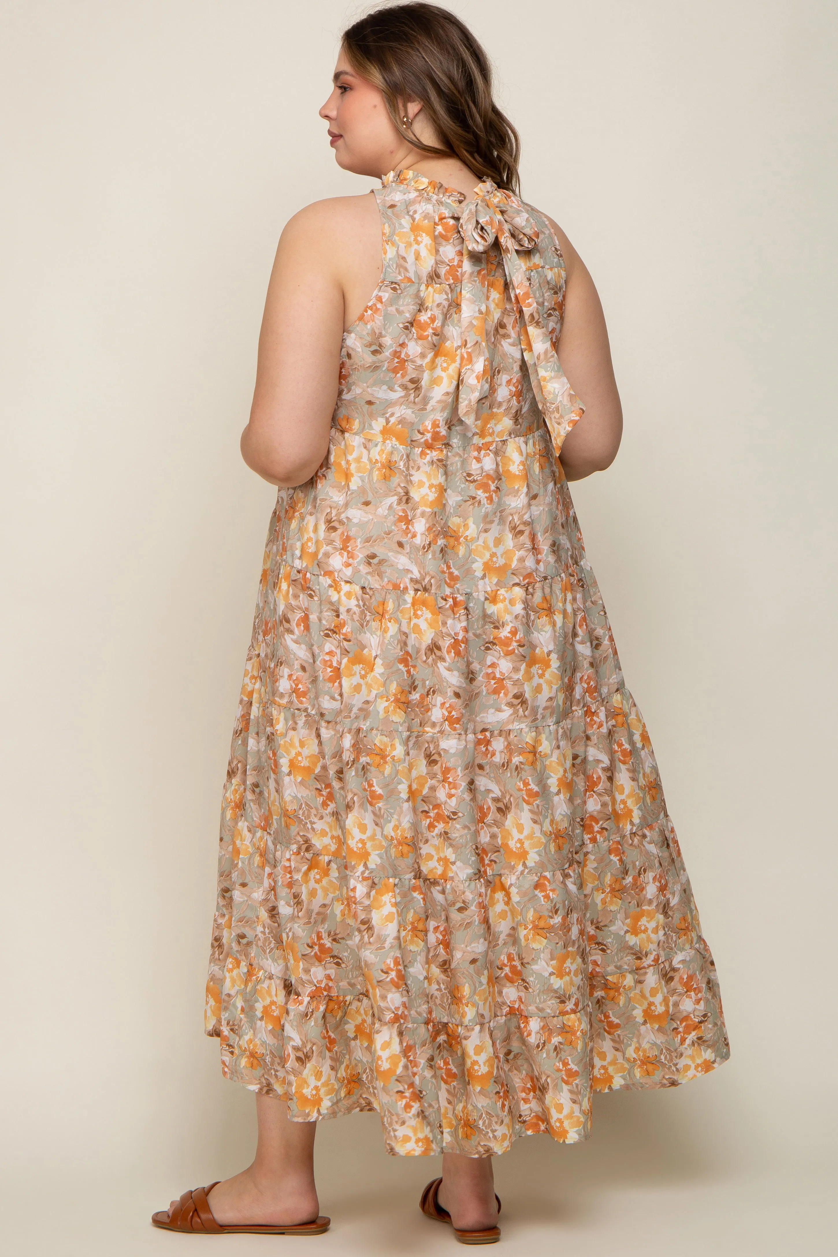 Taupe Floral Ruffle Mock Neck Tiered Maternity Plus Maxi Dress sold by Pinkblush product image thumbnail 3