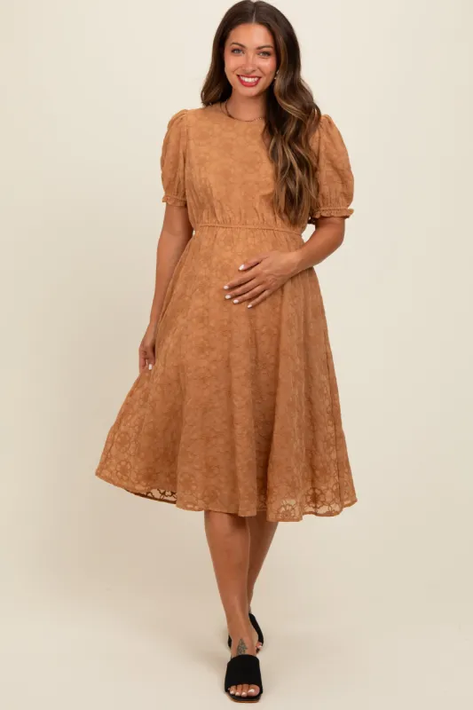 Camel Floral Embroidered Overlay Maternity Midi Dress sold by Pinkblush