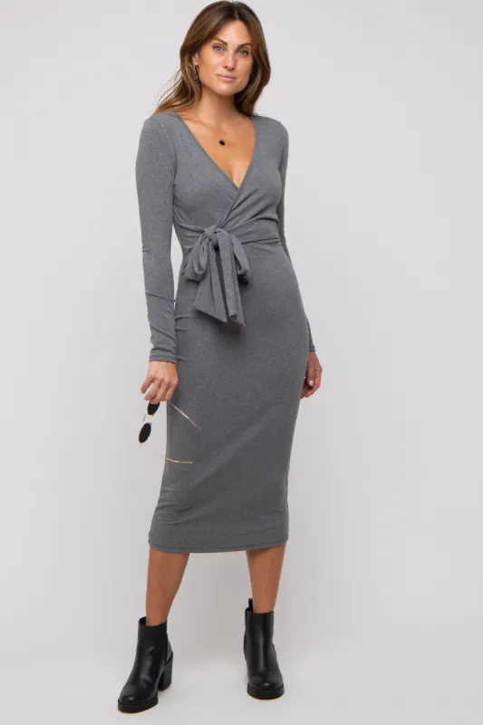 Grey Ribbed Long Sleeve Wrap Dress sold by Pinkblush