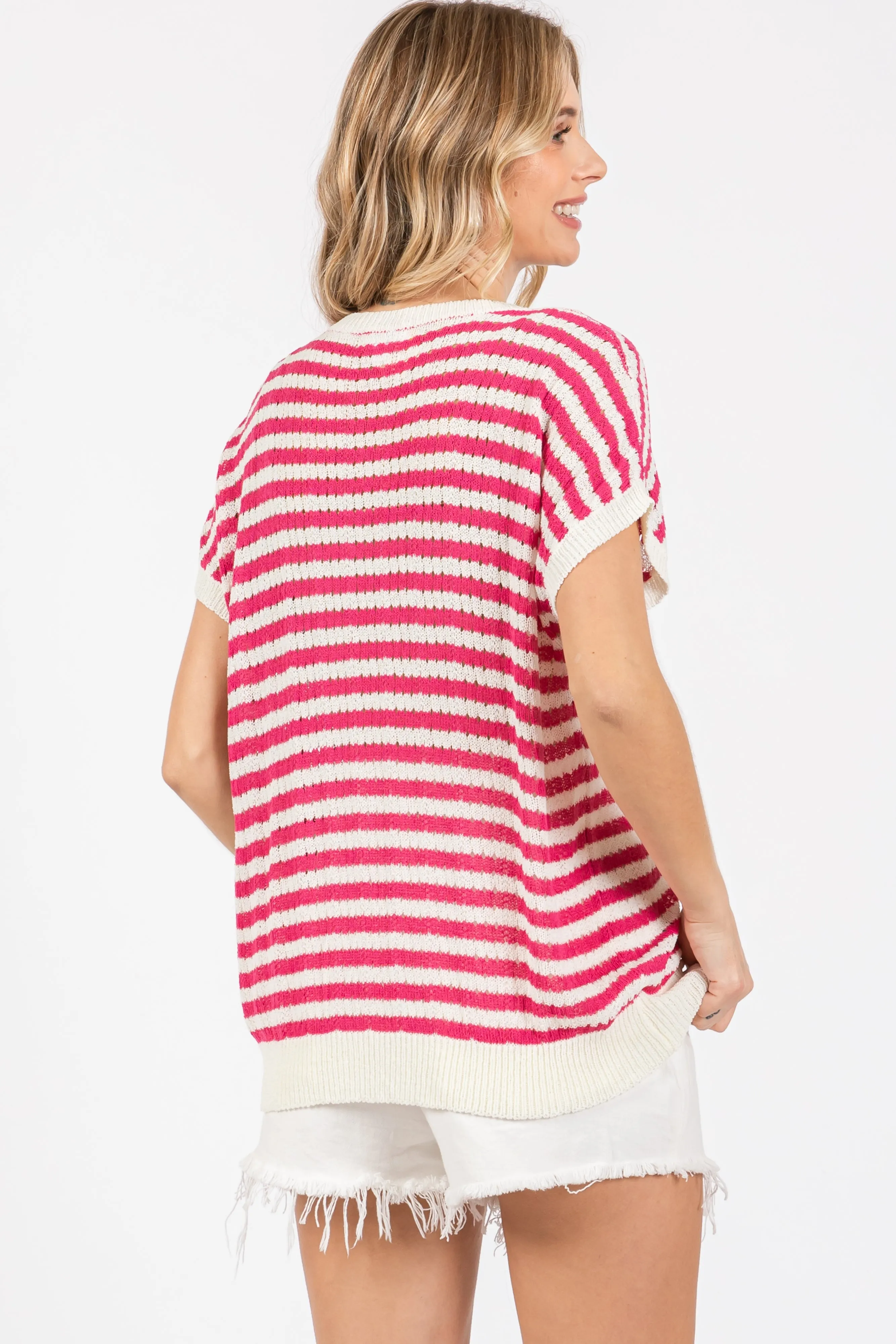 Fuchsia Striped Knit V-Neck Short Sleeve Top sold by Pinkblush product image thumbnail 3
