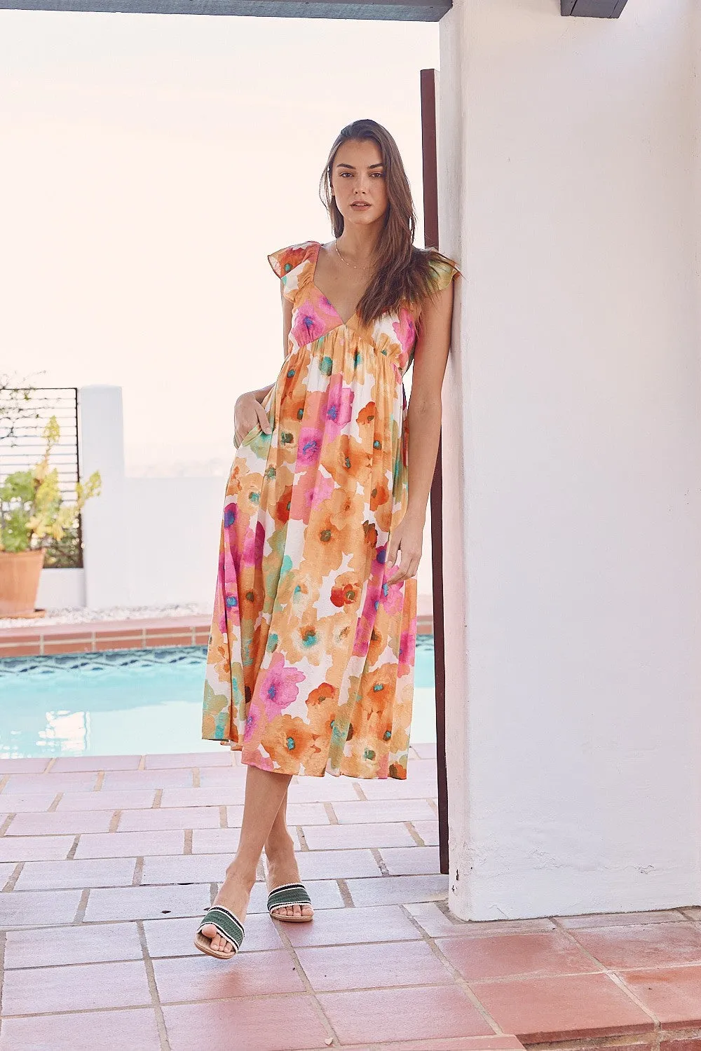 Multi Color Floral V-Neckline Short Sleeve Dress sold by Pinkblush