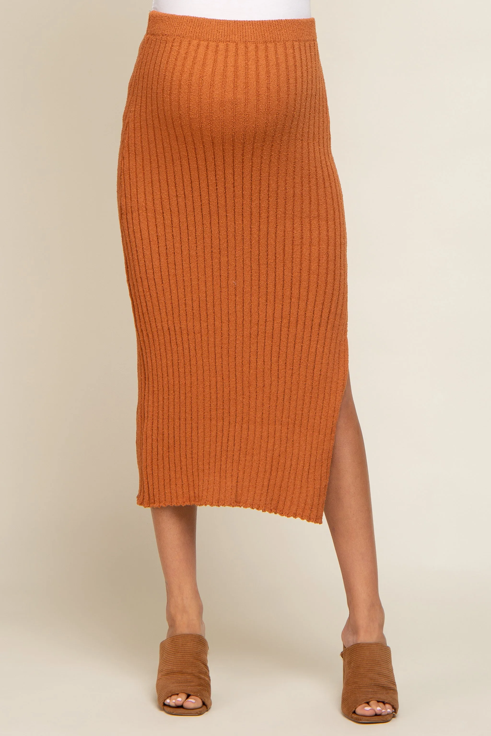 Camel Ribbed Side Slit Sweater Maternity Midi Skirt sold by Pinkblush product image thumbnail 3