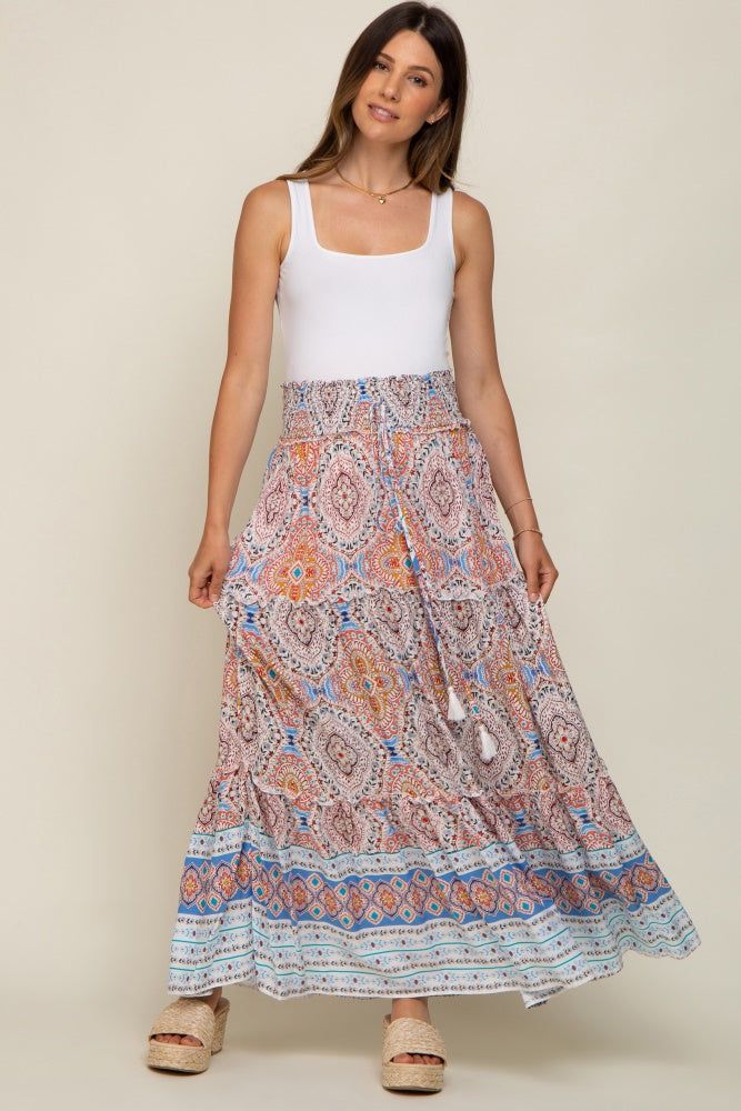 Blue Printed Smocked Waist Maternity Maxi Skirt sold by Pinkblush