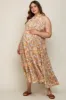 Taupe Floral Ruffle Mock Neck Tiered Maternity Plus Maxi Dress sold by Pinkblush