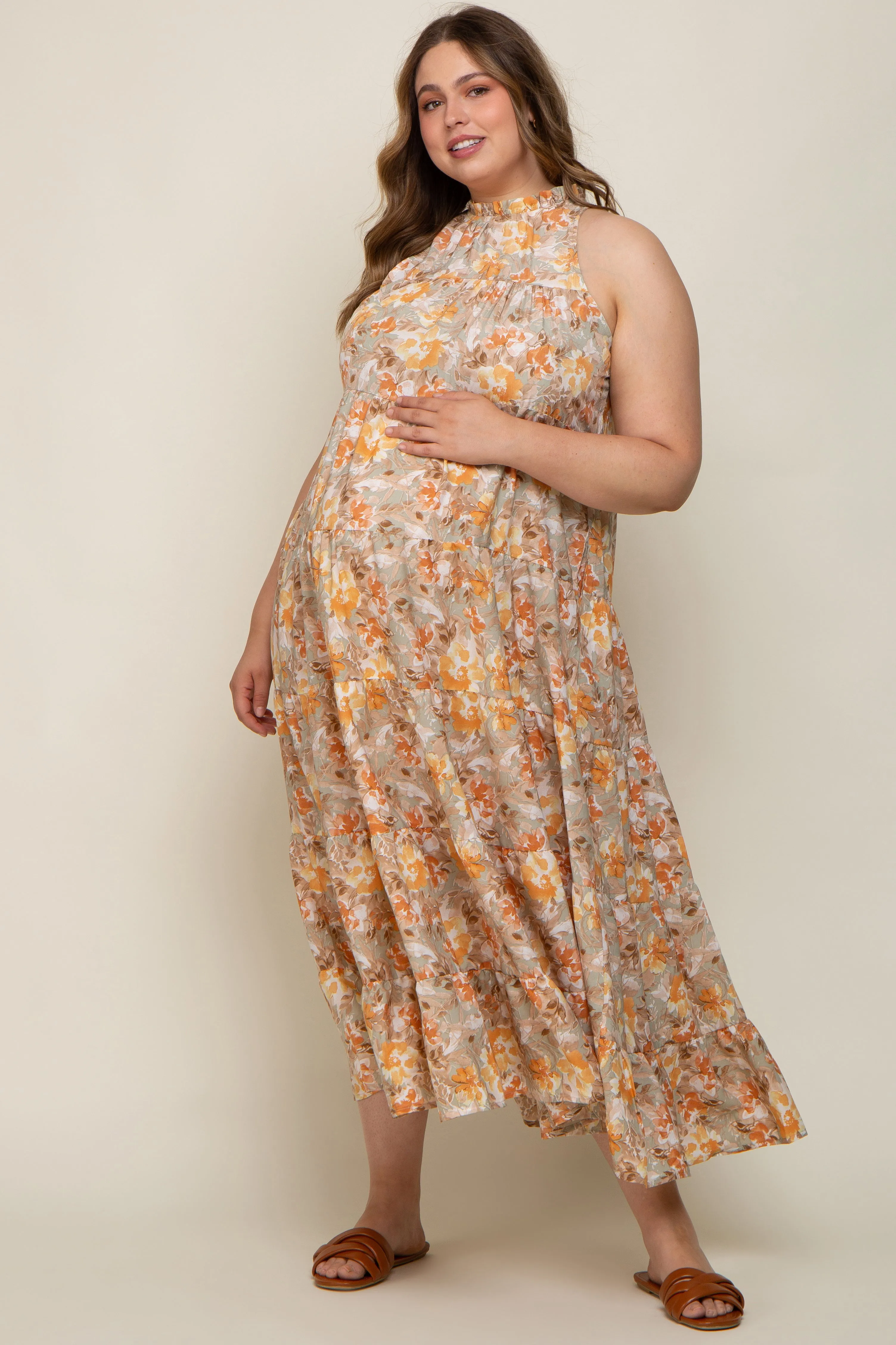 Taupe Floral Ruffle Mock Neck Tiered Maternity Plus Maxi Dress sold by Pinkblush product image thumbnail 4