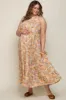 Taupe Floral Ruffle Mock Neck Tiered Maternity Plus Maxi Dress sold by Pinkblush