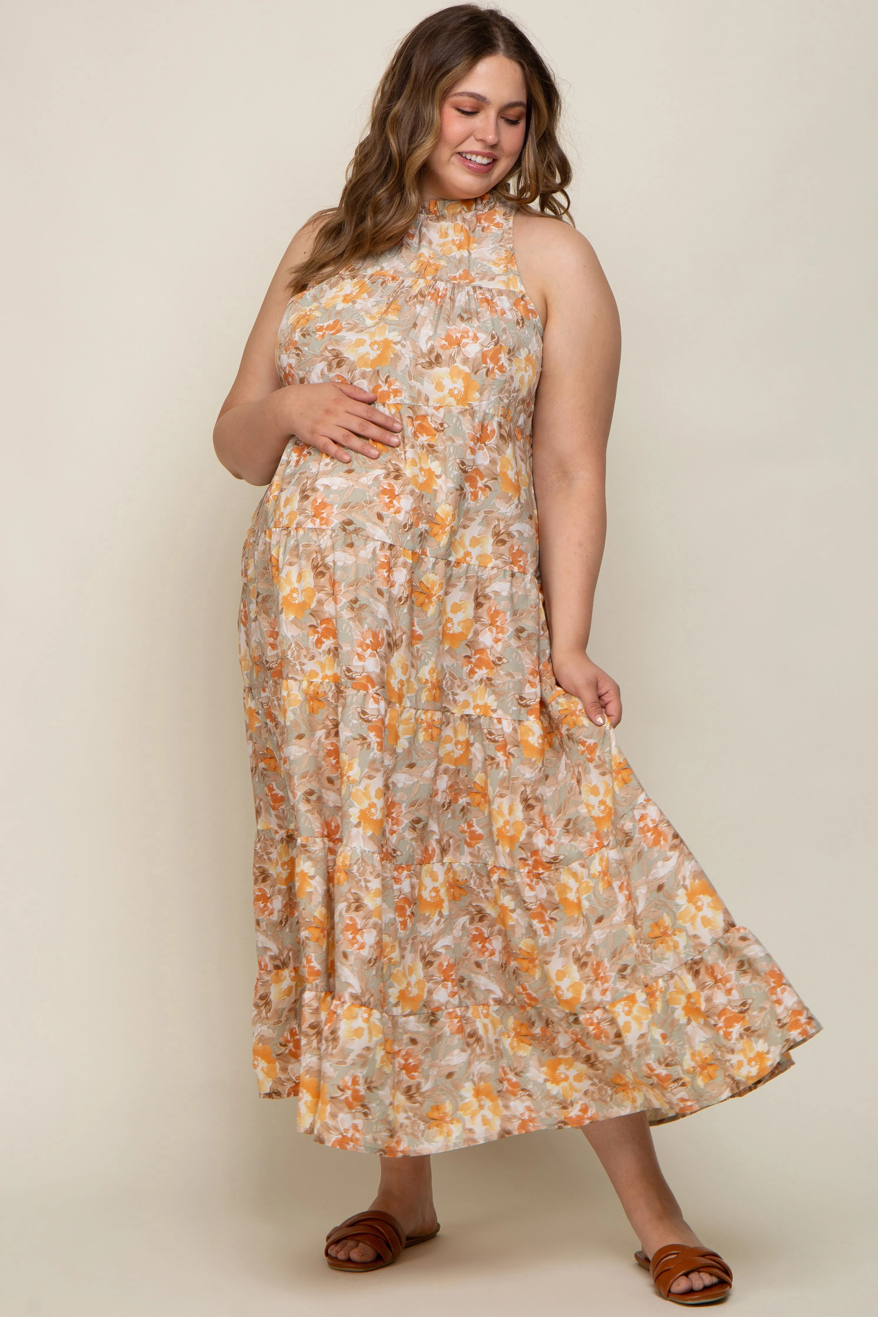 Taupe Floral Ruffle Mock Neck Tiered Maternity Plus Maxi Dress sold by Pinkblush