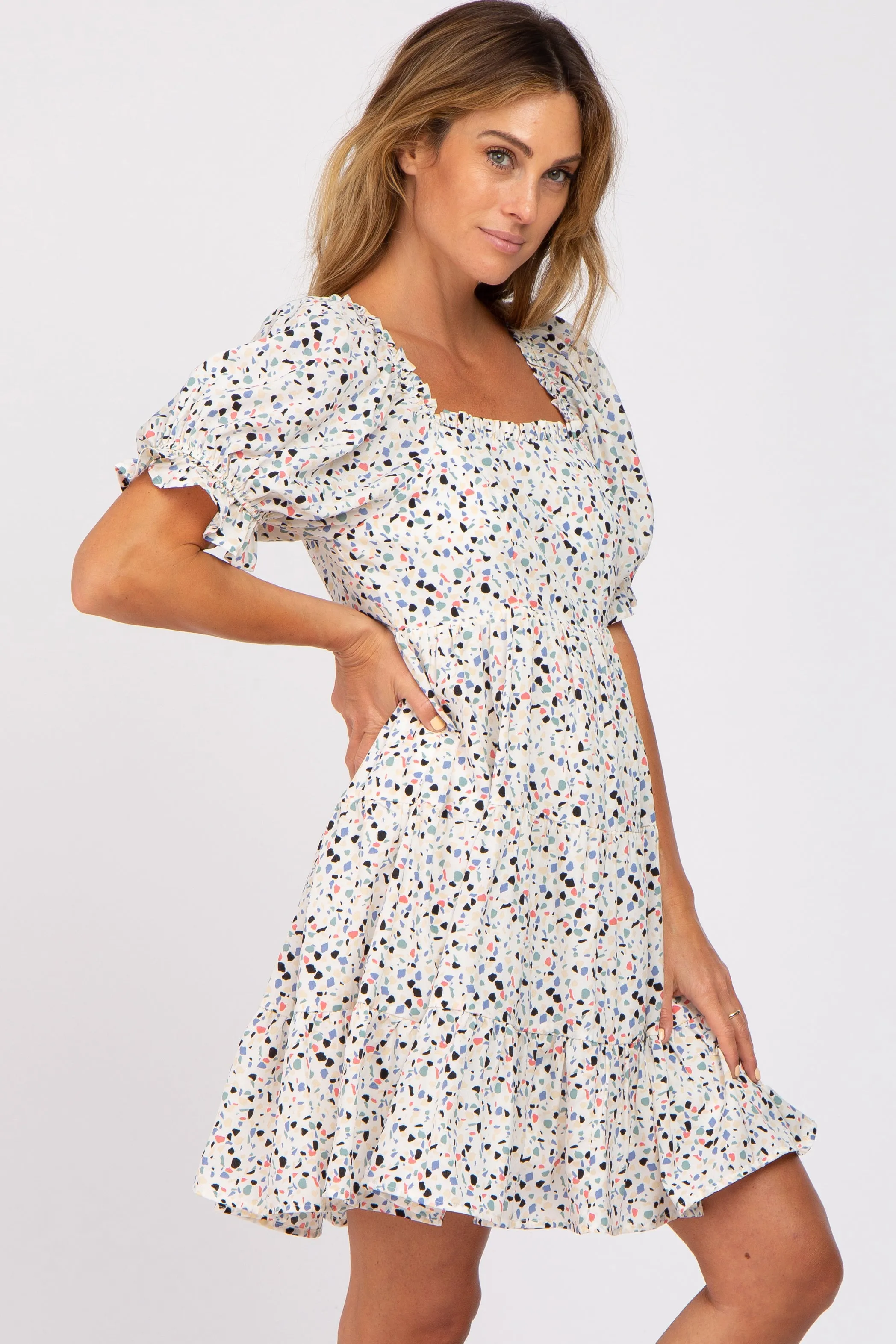 Ivory Printed Puff Sleeve Tiered Dress sold by Pinkblush product image thumbnail 2