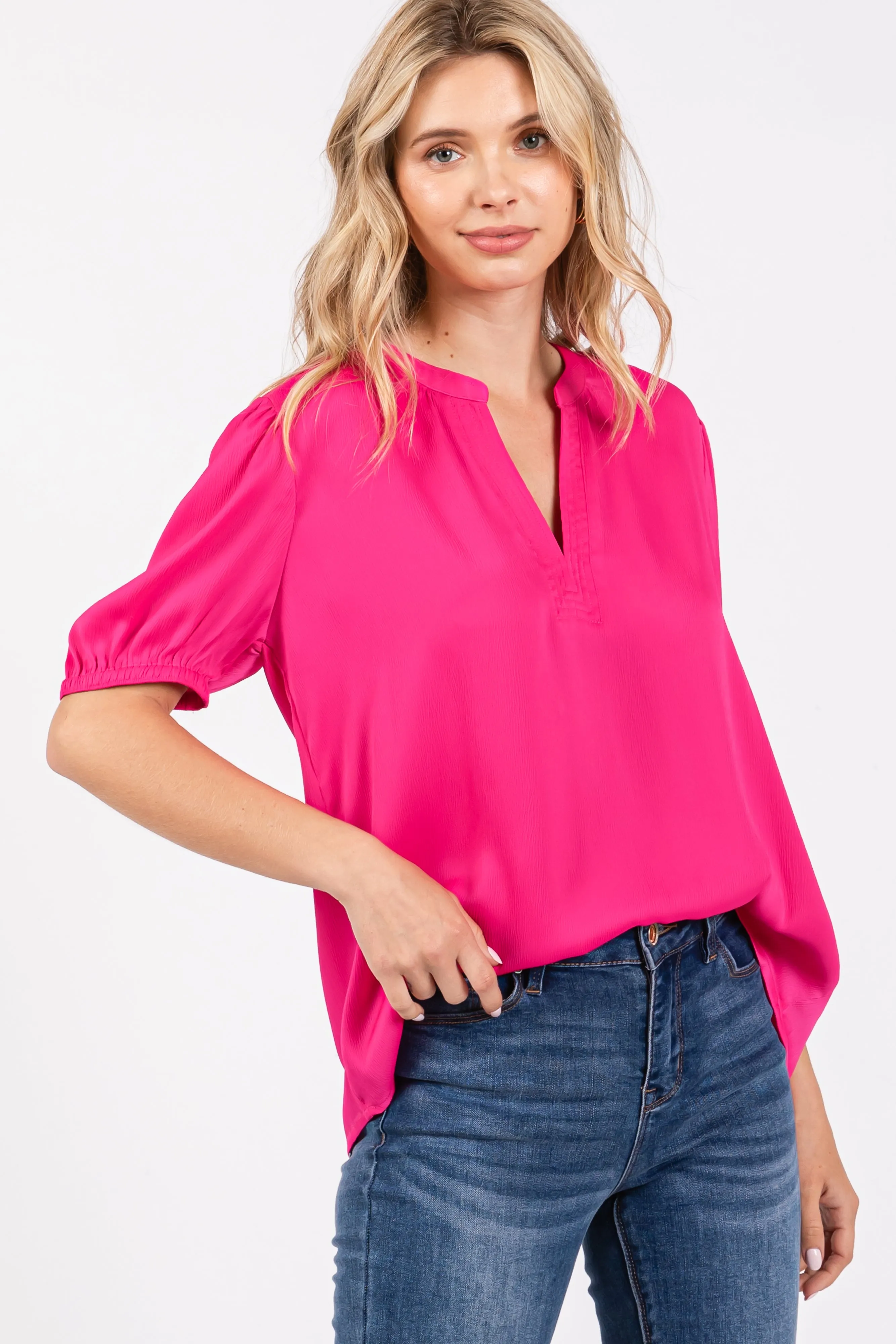 Fuchsia V-Neck Puff Sleeve Blouse sold by Pinkblush product image thumbnail 5