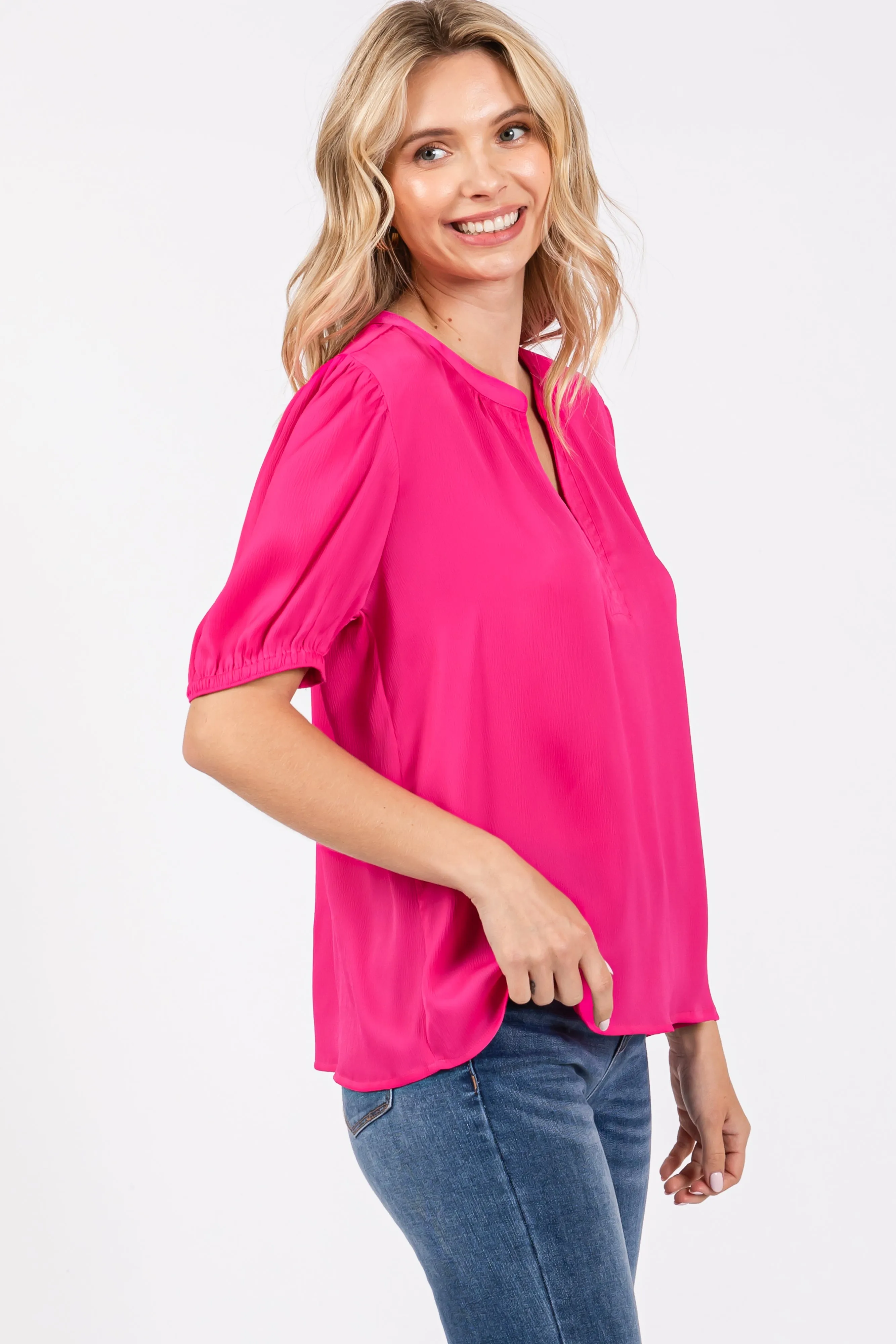 Fuchsia V-Neck Puff Sleeve Blouse sold by Pinkblush product image thumbnail 2