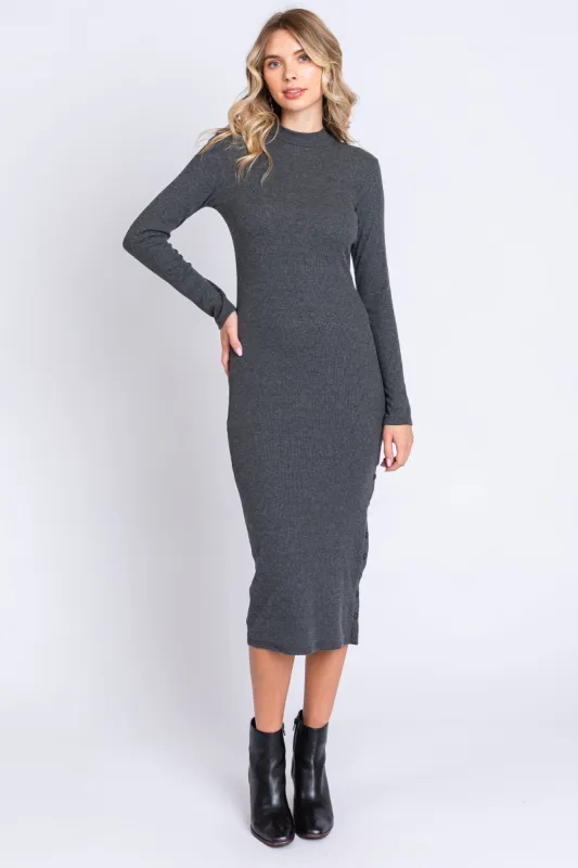 Charcoal Ribbed Mock Neck Button Side Slit Midi Dress sold by Pinkblush