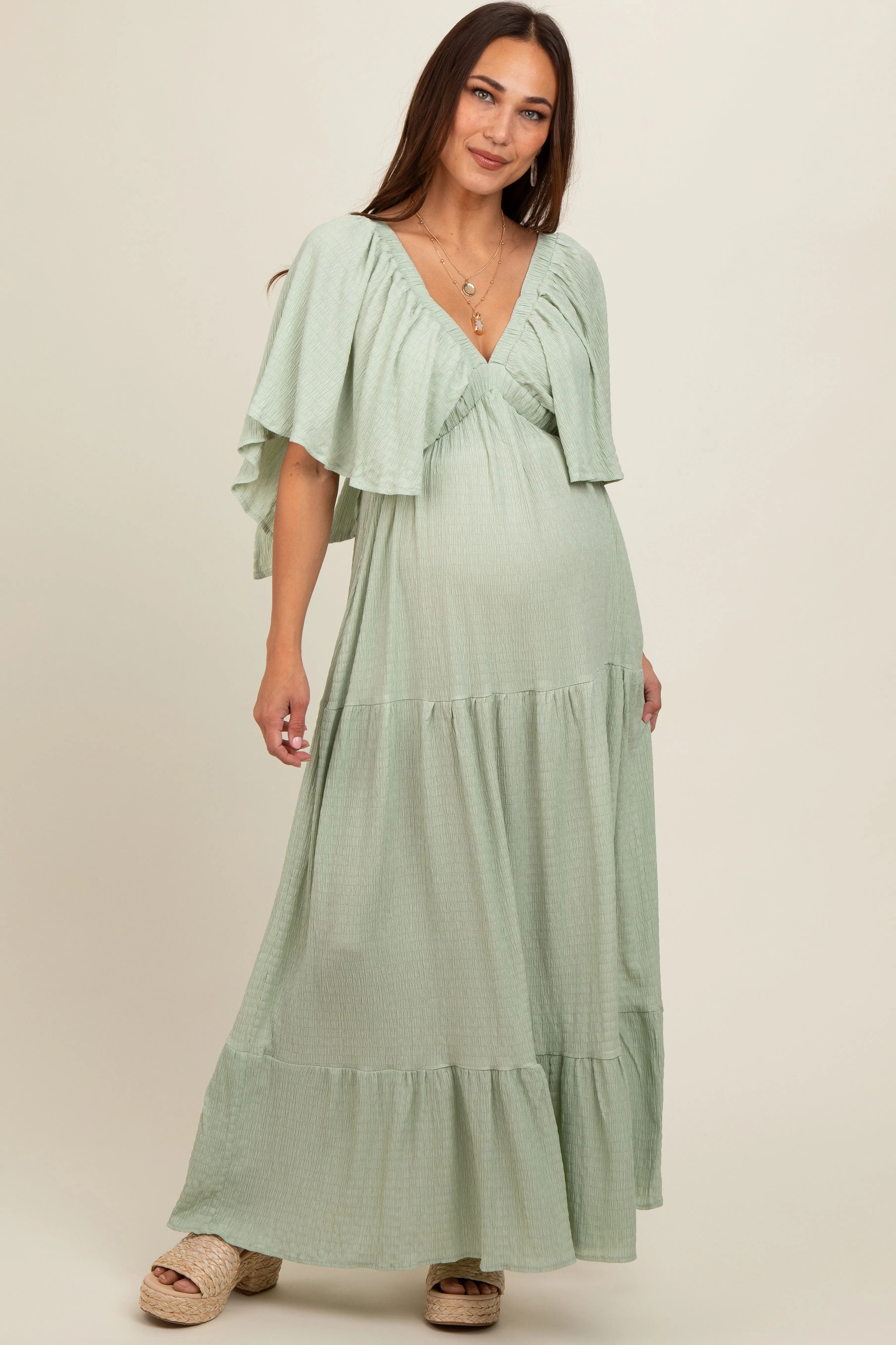 Light Olive Flounce Sleeve Tiered Maternity Dress sold by Pinkblush