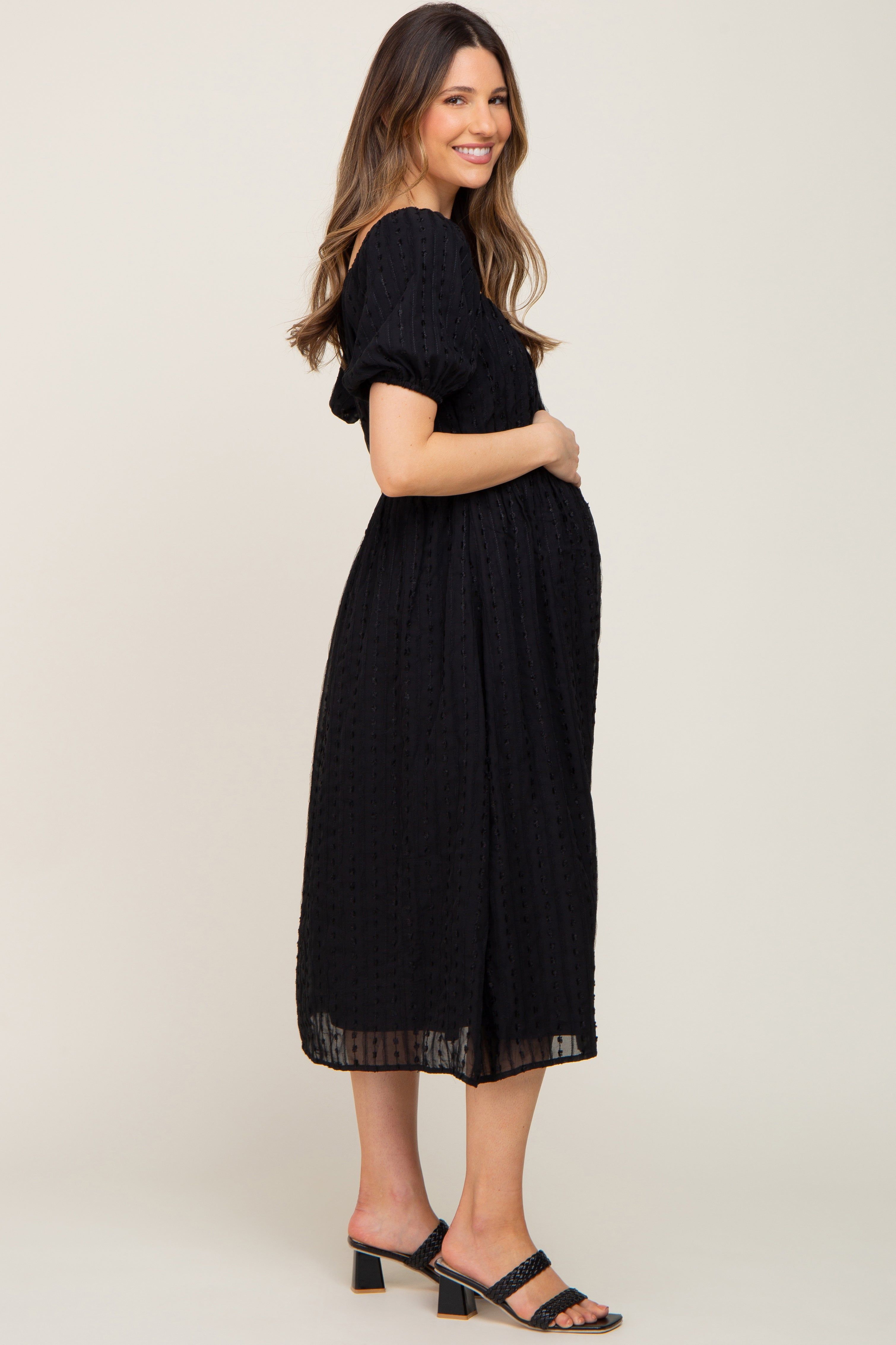 Black Textured Stripe Chiffon Maternity Midi Dress sold by Pinkblush product image thumbnail 3