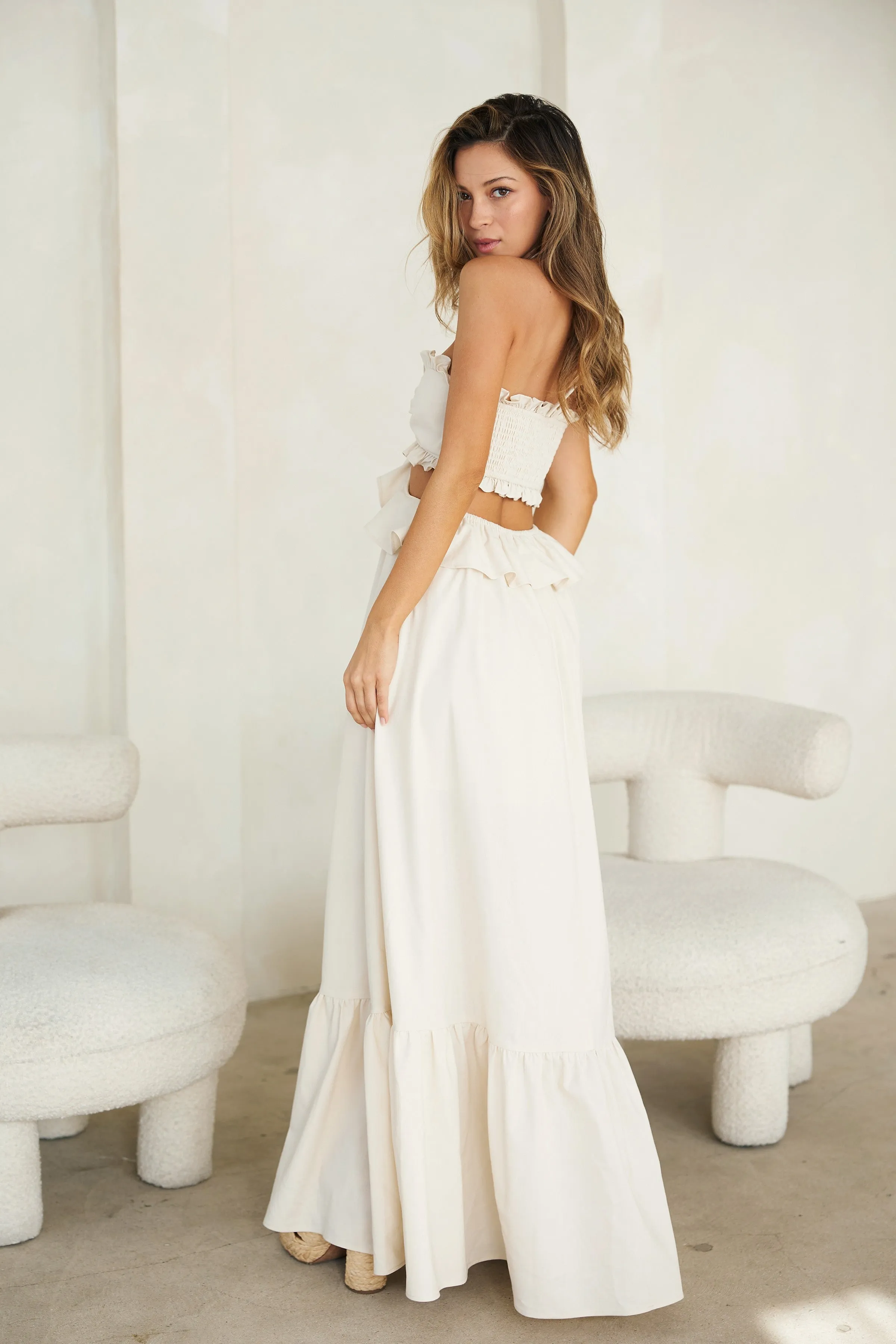 Cream Ruffle Top Cutout Linen Halter Maxi Dress sold by Pinkblush product image thumbnail 3