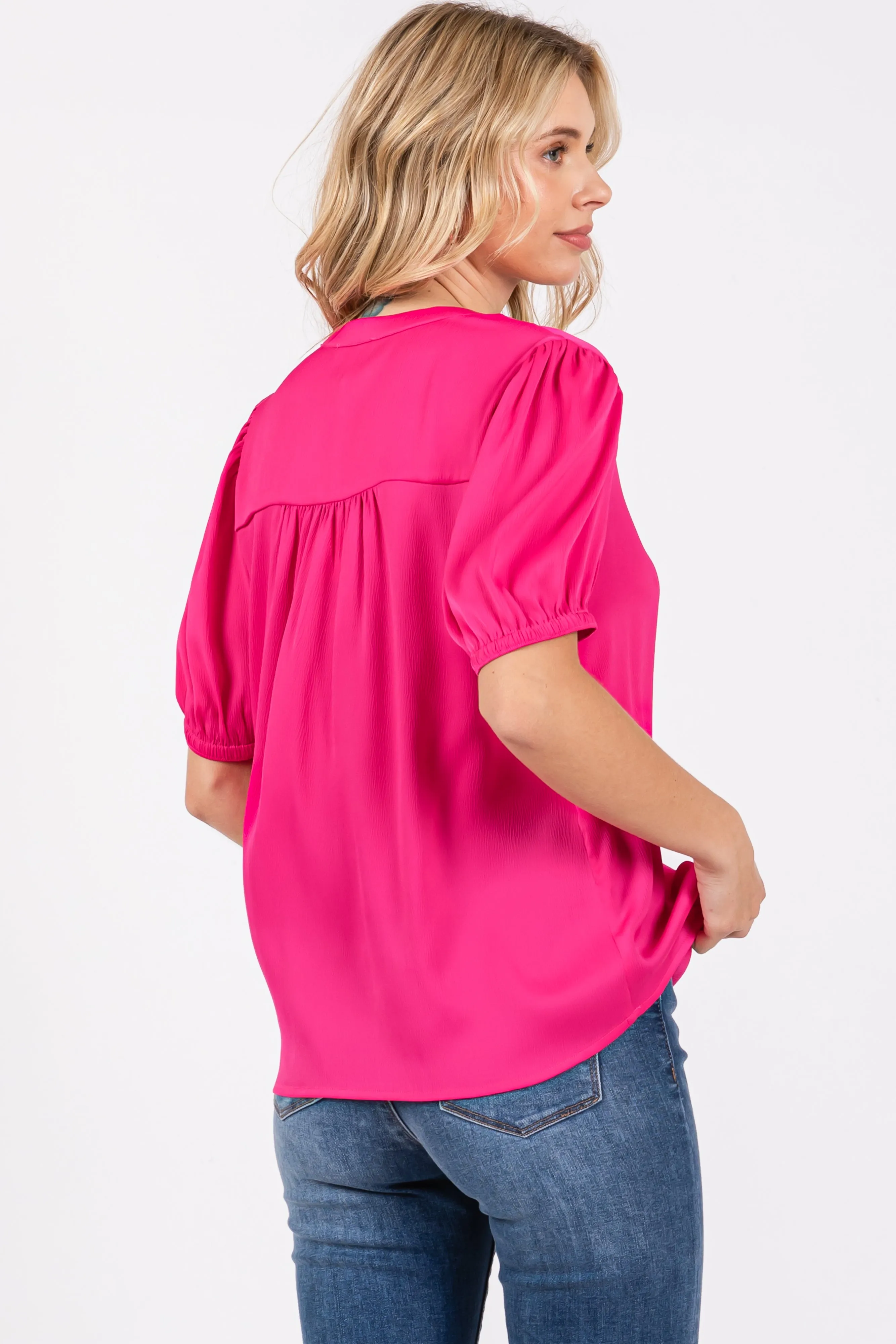 Fuchsia V-Neck Puff Sleeve Blouse sold by Pinkblush product image thumbnail 3