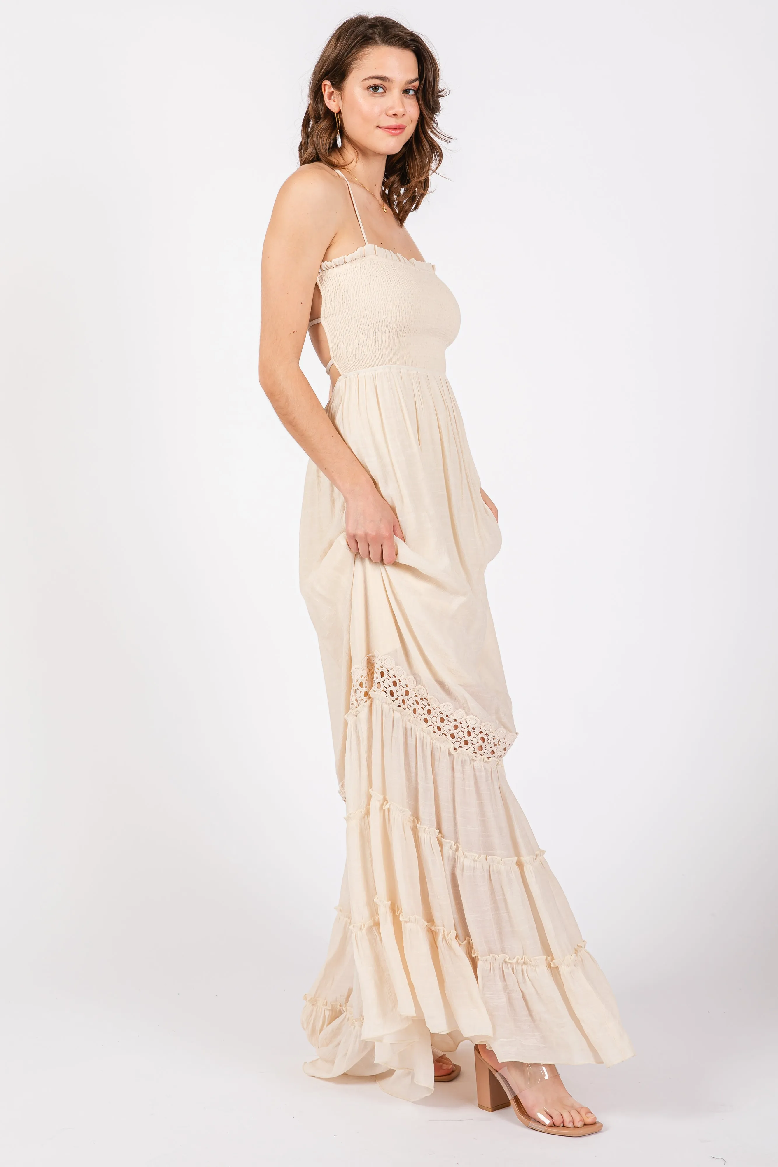 Cream Smocked Open Back Maxi Dress sold by Pinkblush product image thumbnail 2