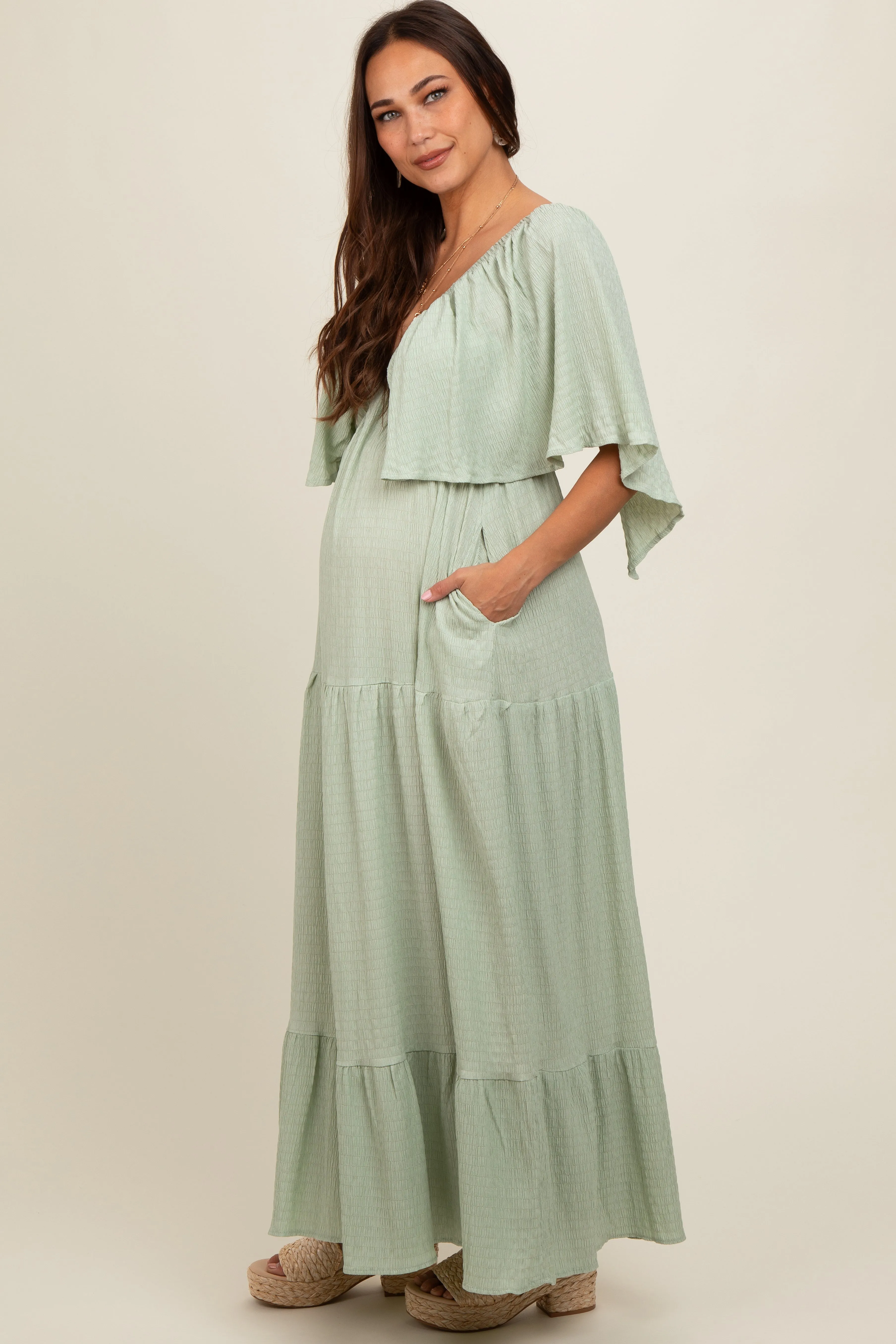 Light Olive Flounce Sleeve Tiered Maternity Dress sold by Pinkblush product image thumbnail 2