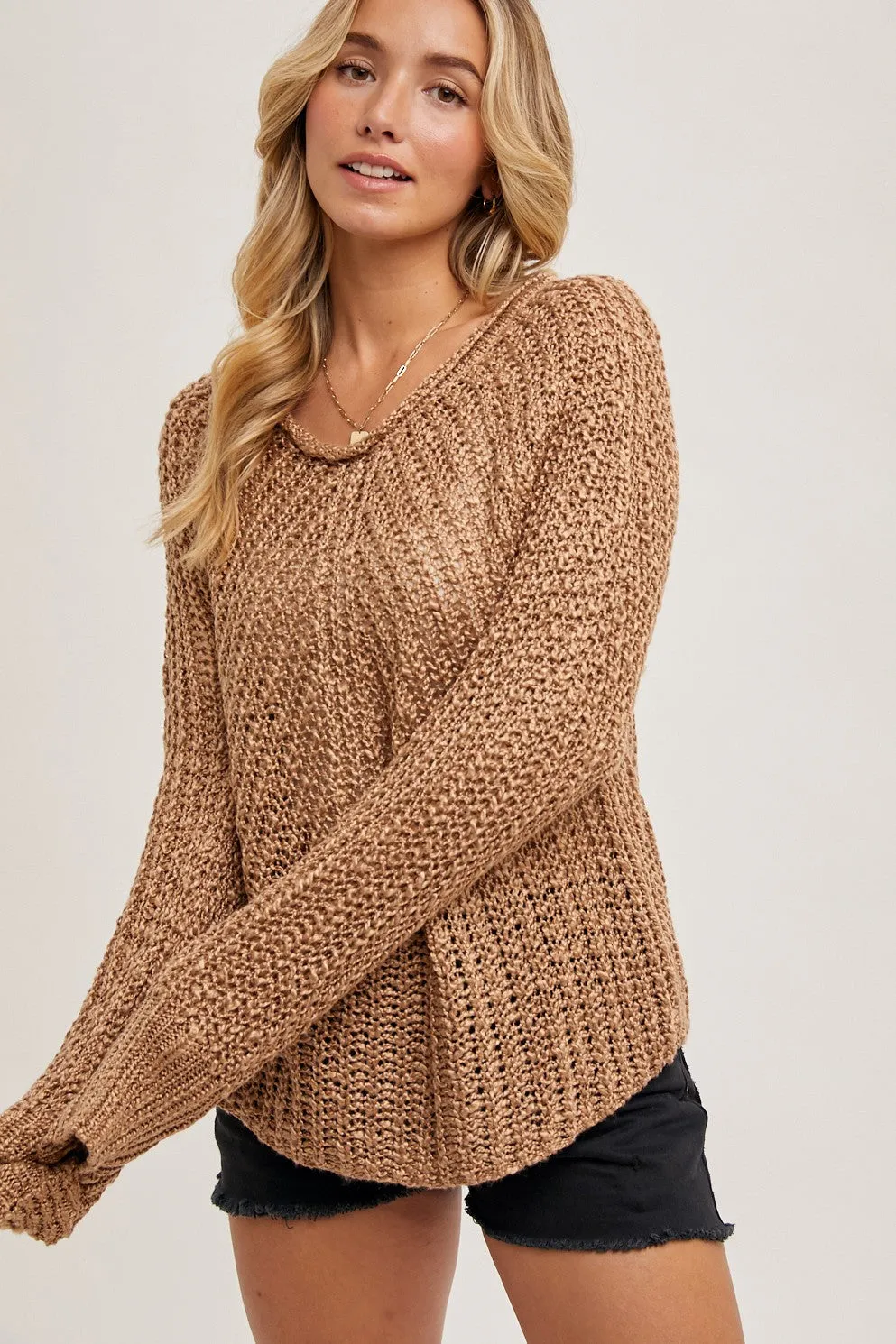 Mocha Raglan Cut Open Knit Sweater Pullover sold by Pinkblush product image thumbnail 2