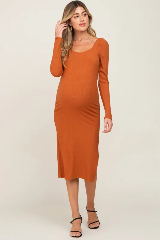 Camel Ribbed Long Puff Sleeve Maternity Midi Dress sold by Pinkblush