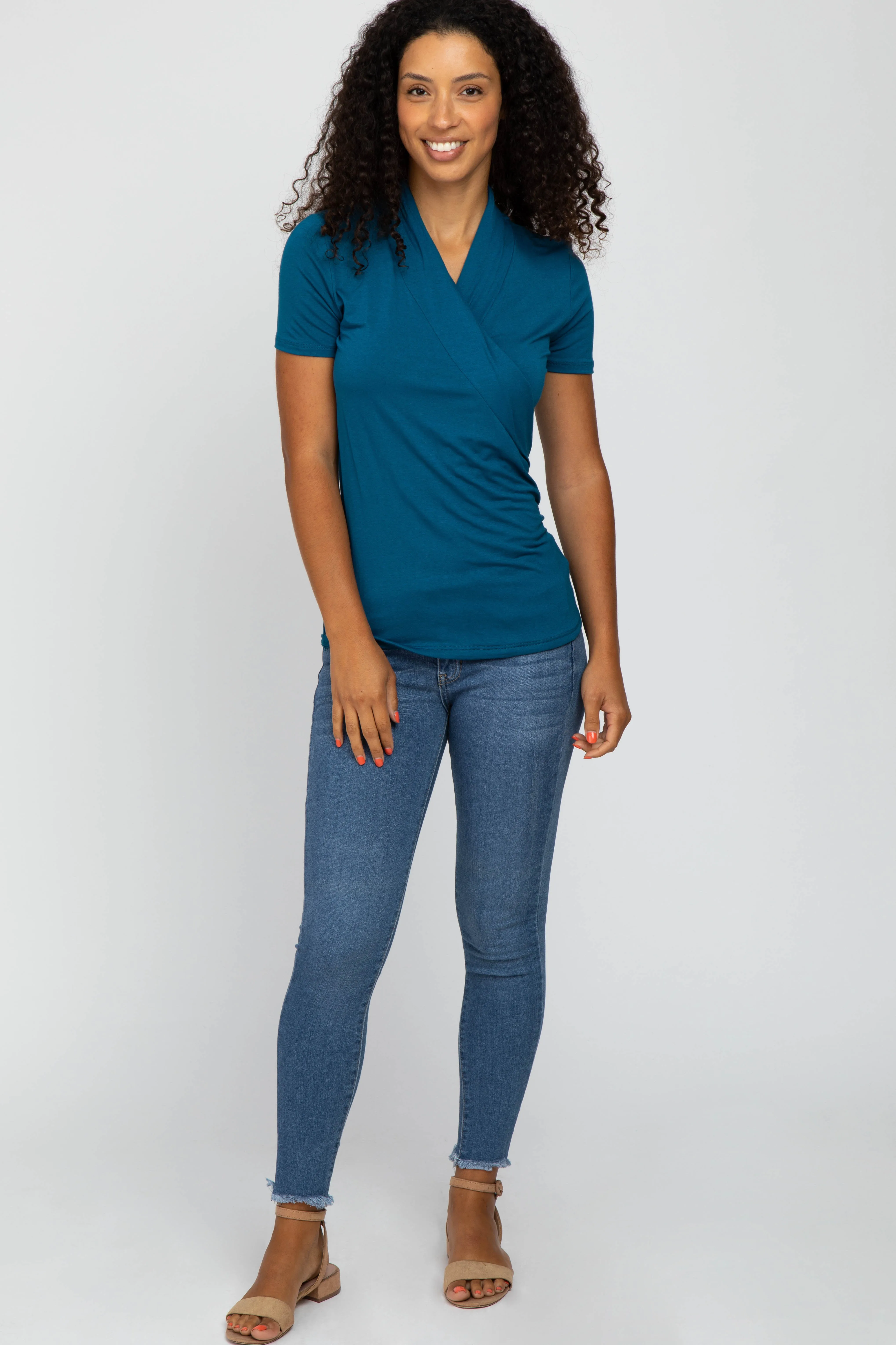 Teal Solid Short Sleeve Wrap FrontTop sold by Pinkblush product image thumbnail 5
