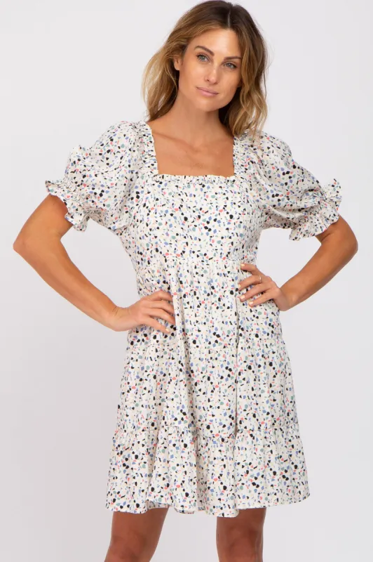 Ivory Printed Puff Sleeve Tiered Dress sold by Pinkblush