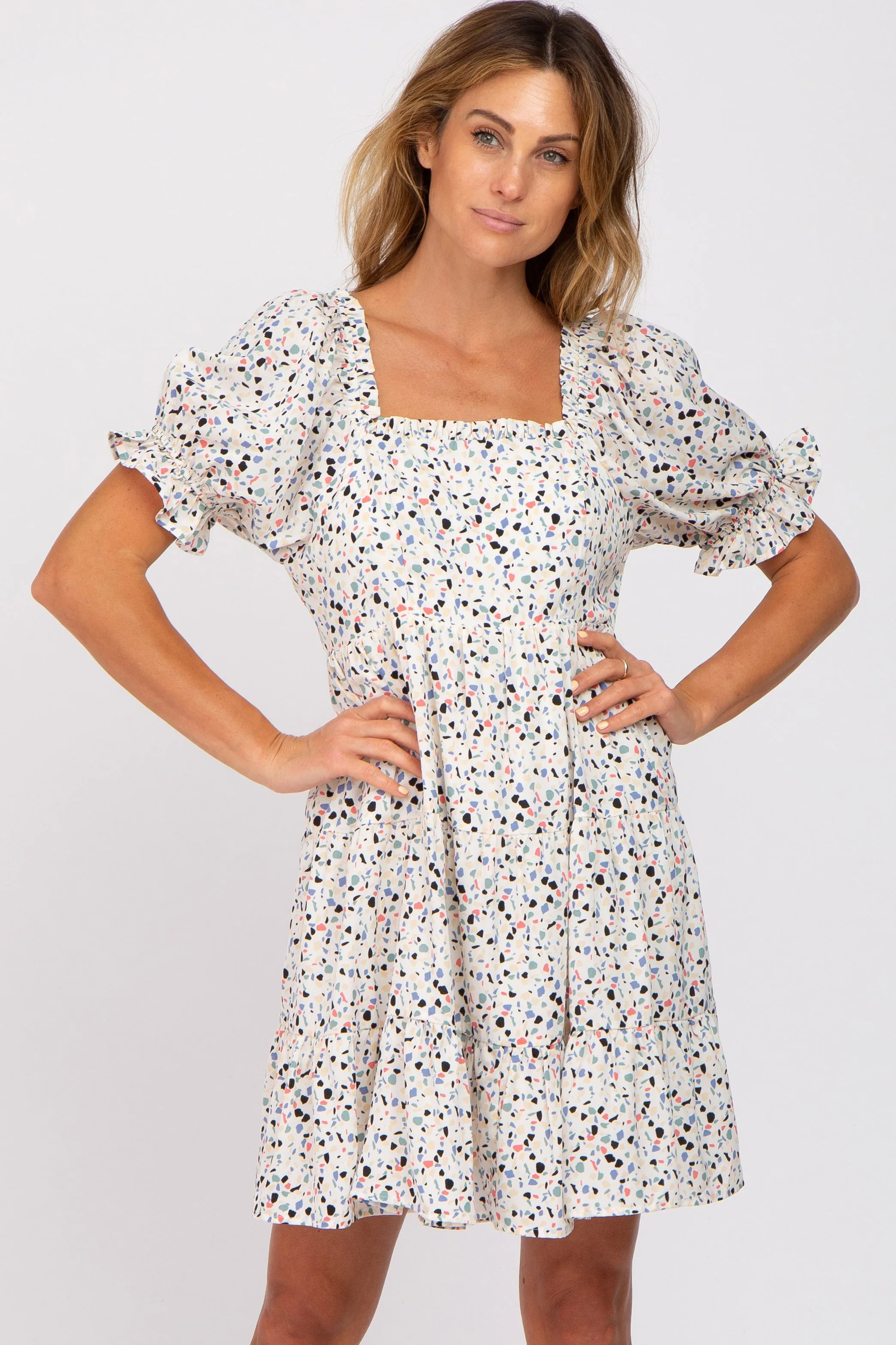 Ivory Printed Puff Sleeve Tiered Dress sold by Pinkblush