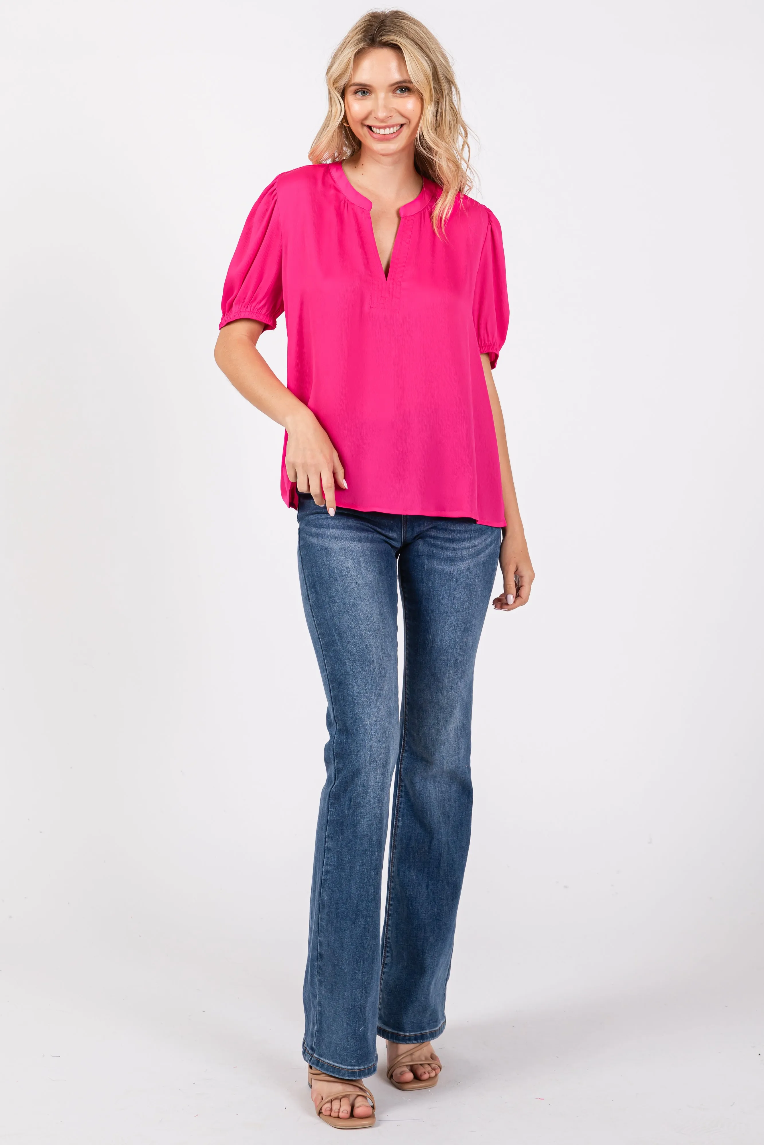 Fuchsia V-Neck Puff Sleeve Blouse sold by Pinkblush product image thumbnail 4
