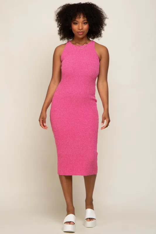 Fuchsia Sleeveless Ribbed Knit Fitted Midi Dress sold by Pinkblush