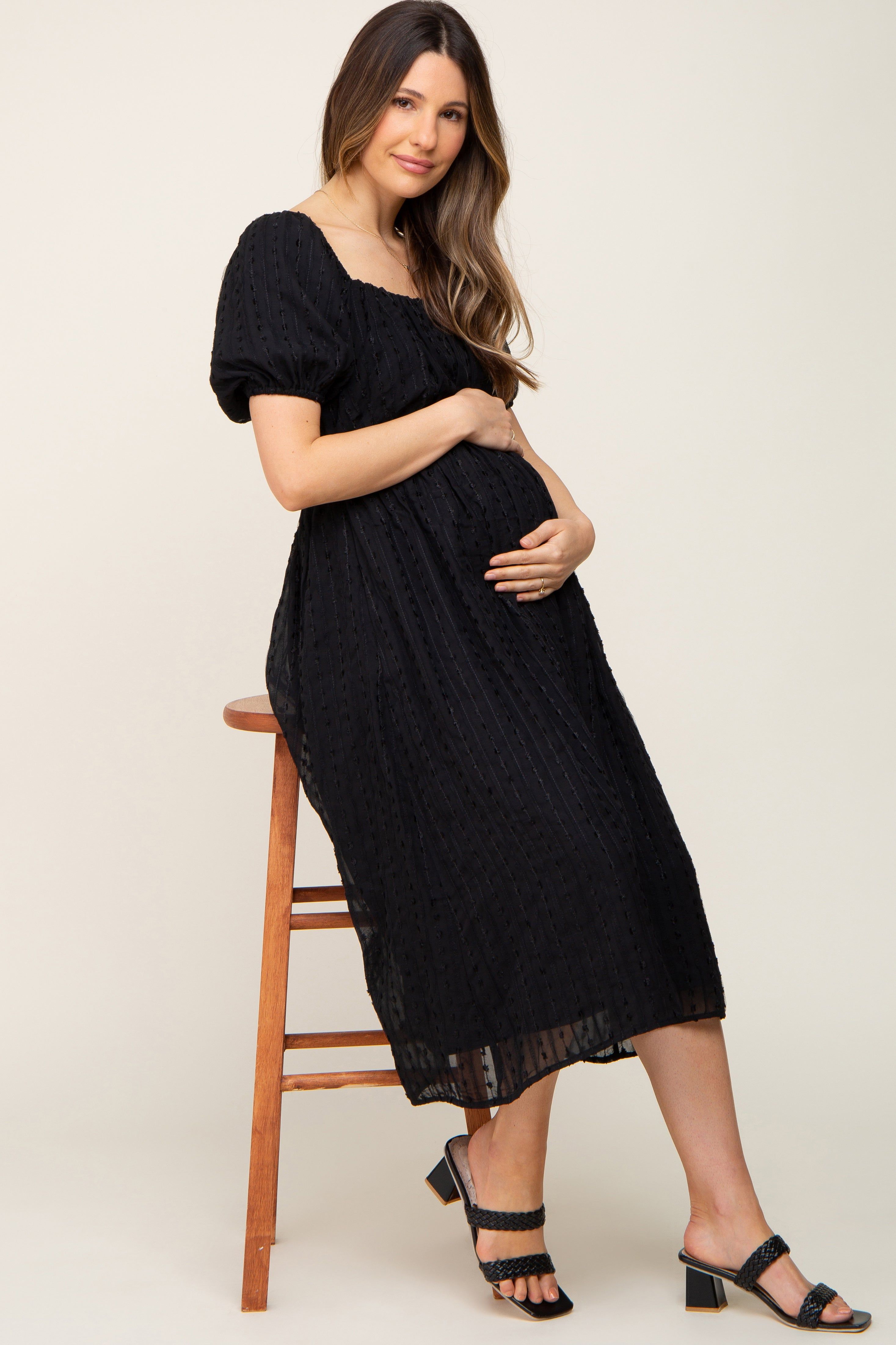 Black Textured Stripe Chiffon Maternity Midi Dress sold by Pinkblush product image thumbnail 2