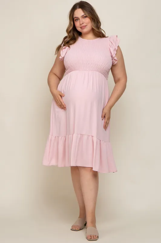 Light Pink Smocked Layered Ruffle Flutter Sleeve Maternity Plus Midi Dress sold by Pinkblush