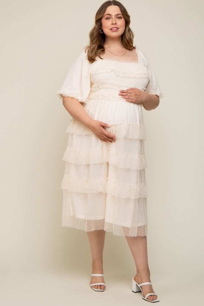 Cream Swiss Dot Smocked Tiered Maternity Plus Midi Dress sold by Pinkblush product image thumbnail 4