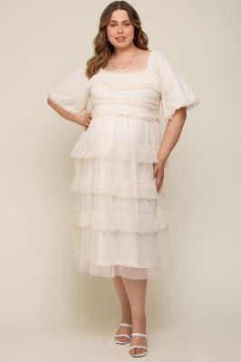 Cream Swiss Dot Smocked Tiered Maternity Plus Midi Dress sold by Pinkblush