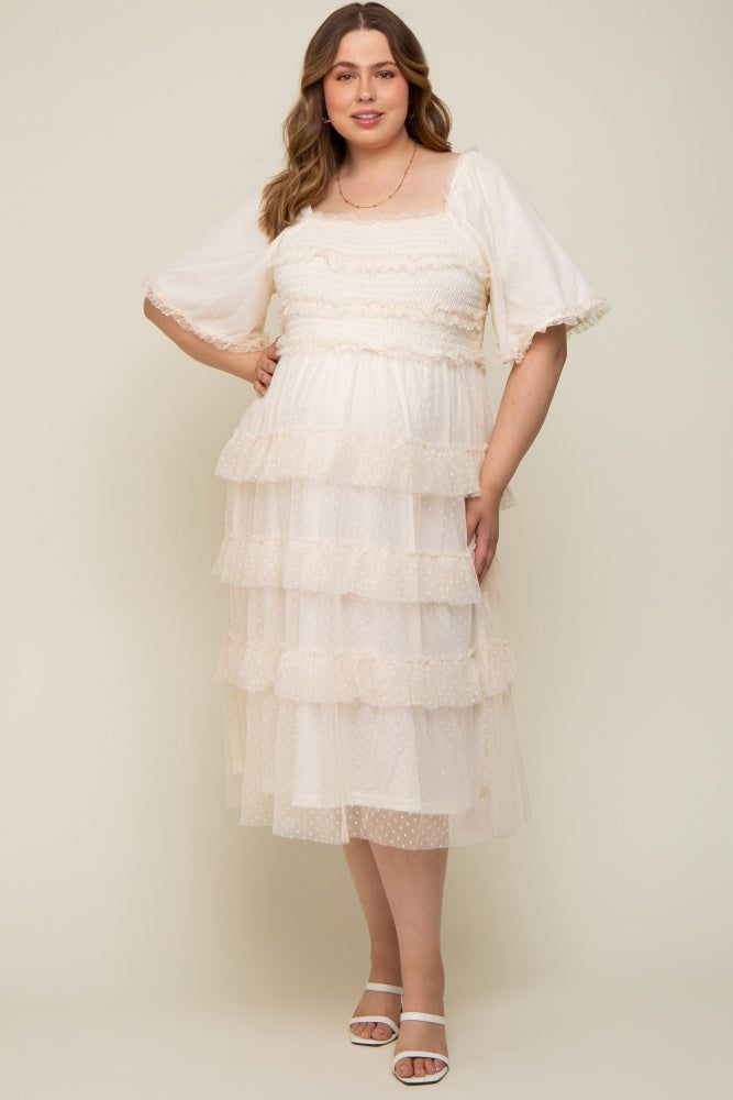 Cream Swiss Dot Smocked Tiered Maternity Plus Midi Dress sold by Pinkblush