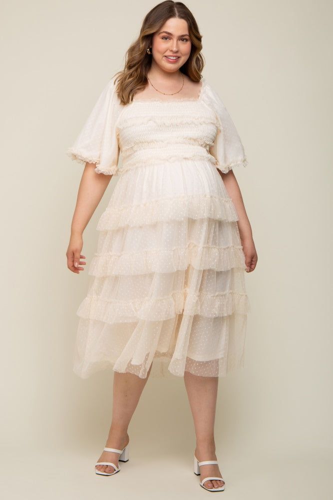 Cream Swiss Dot Smocked Tiered Maternity Plus Midi Dress sold by Pinkblush product image thumbnail 5
