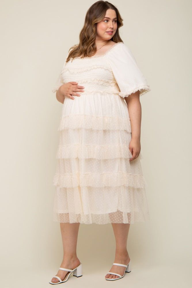 Cream Swiss Dot Smocked Tiered Maternity Plus Midi Dress sold by Pinkblush product image thumbnail 2