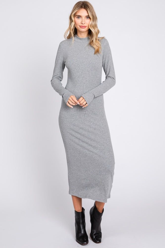 Heather Grey Ribbed Mock Neck Midi Dress sold by Pinkblush