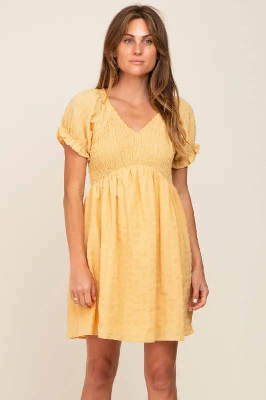 Yellow Smocked Textured V-Neck Dress sold by Pinkblush