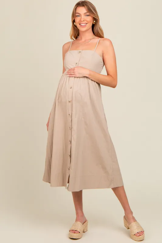 Taupe Sleeveless Button Down Maternity Midi Dress sold by Pinkblush
